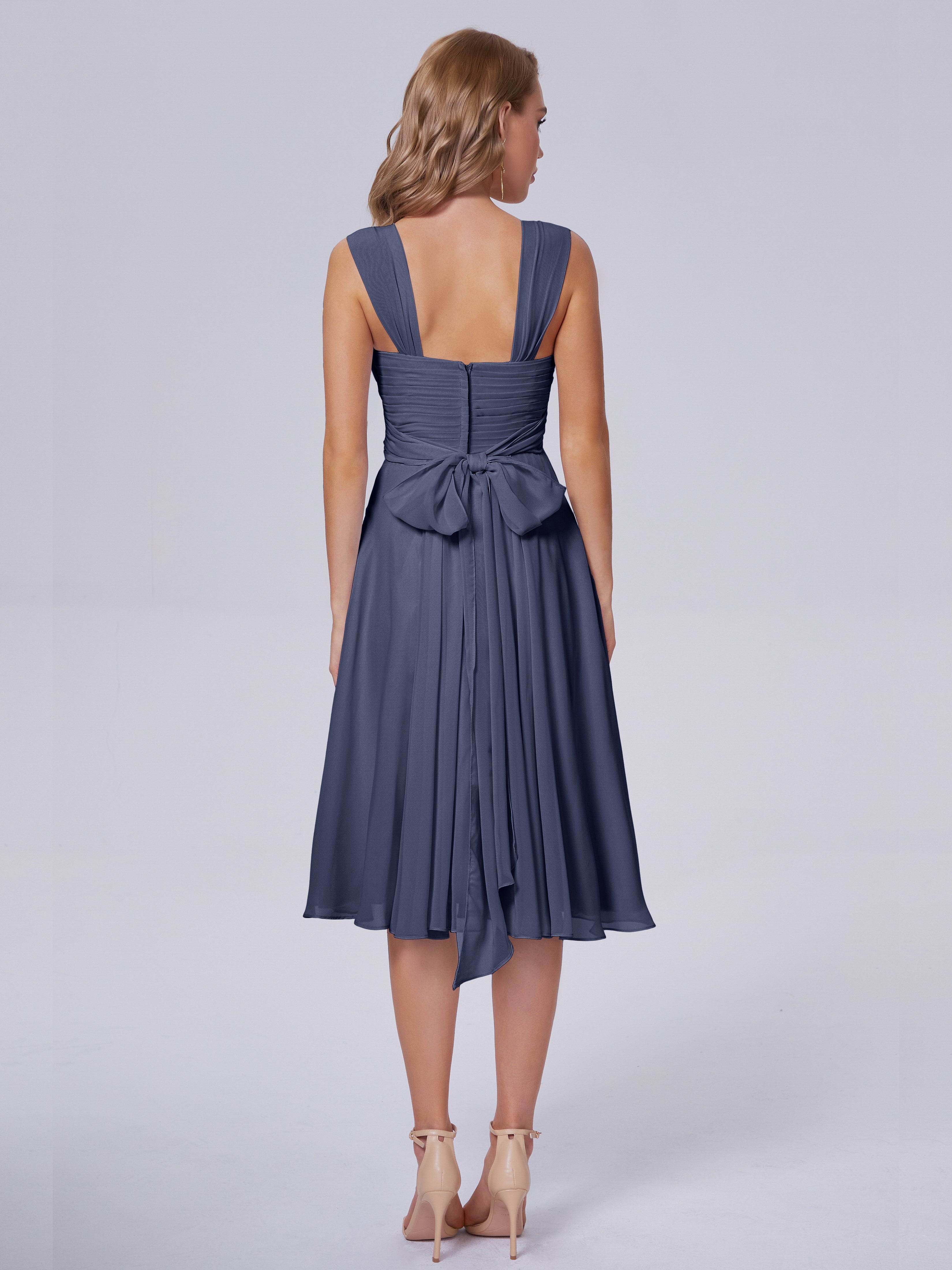 Robes De Demoiselle D'Honneur Bleu Orageux Abordable Bretelles Courtes Mousseline Robes Demoiselle D'Honneur