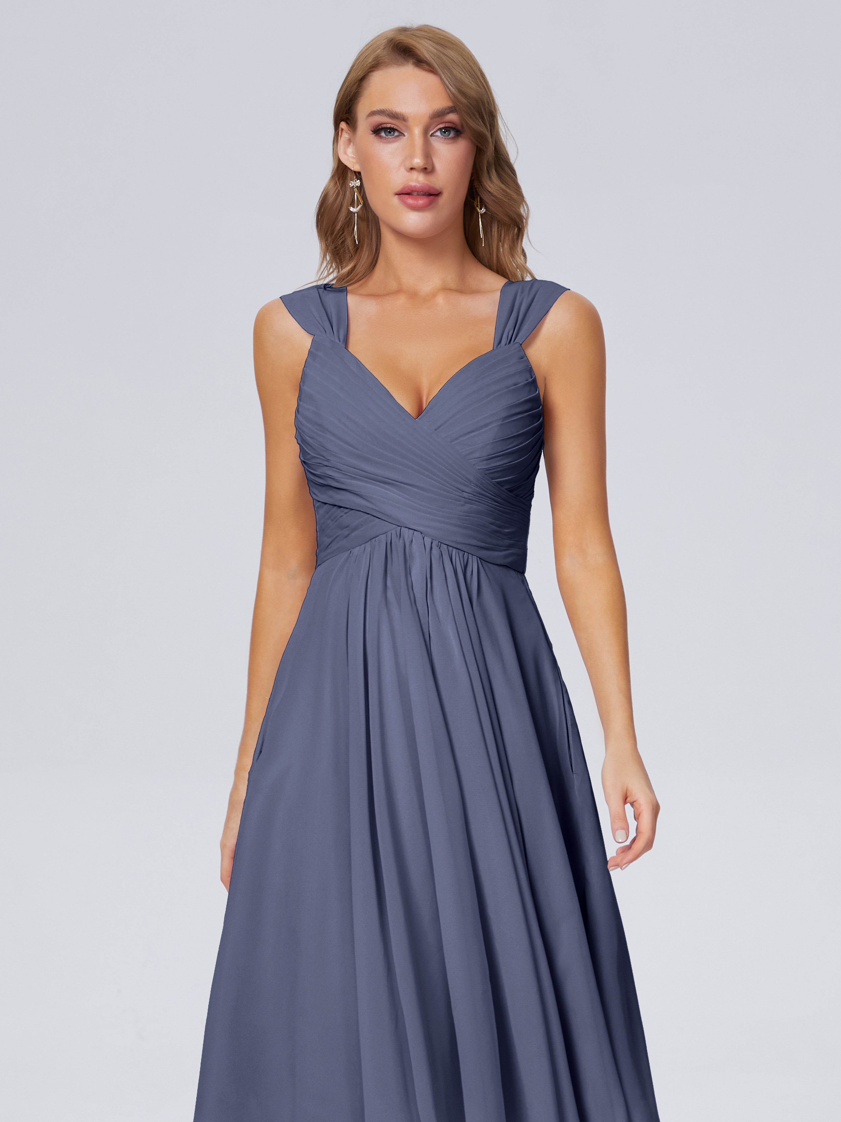 Robes De Demoiselle D'Honneur Bleu Orageux Abordable Bretelles Courtes Mousseline Robes Demoiselle D'Honneur