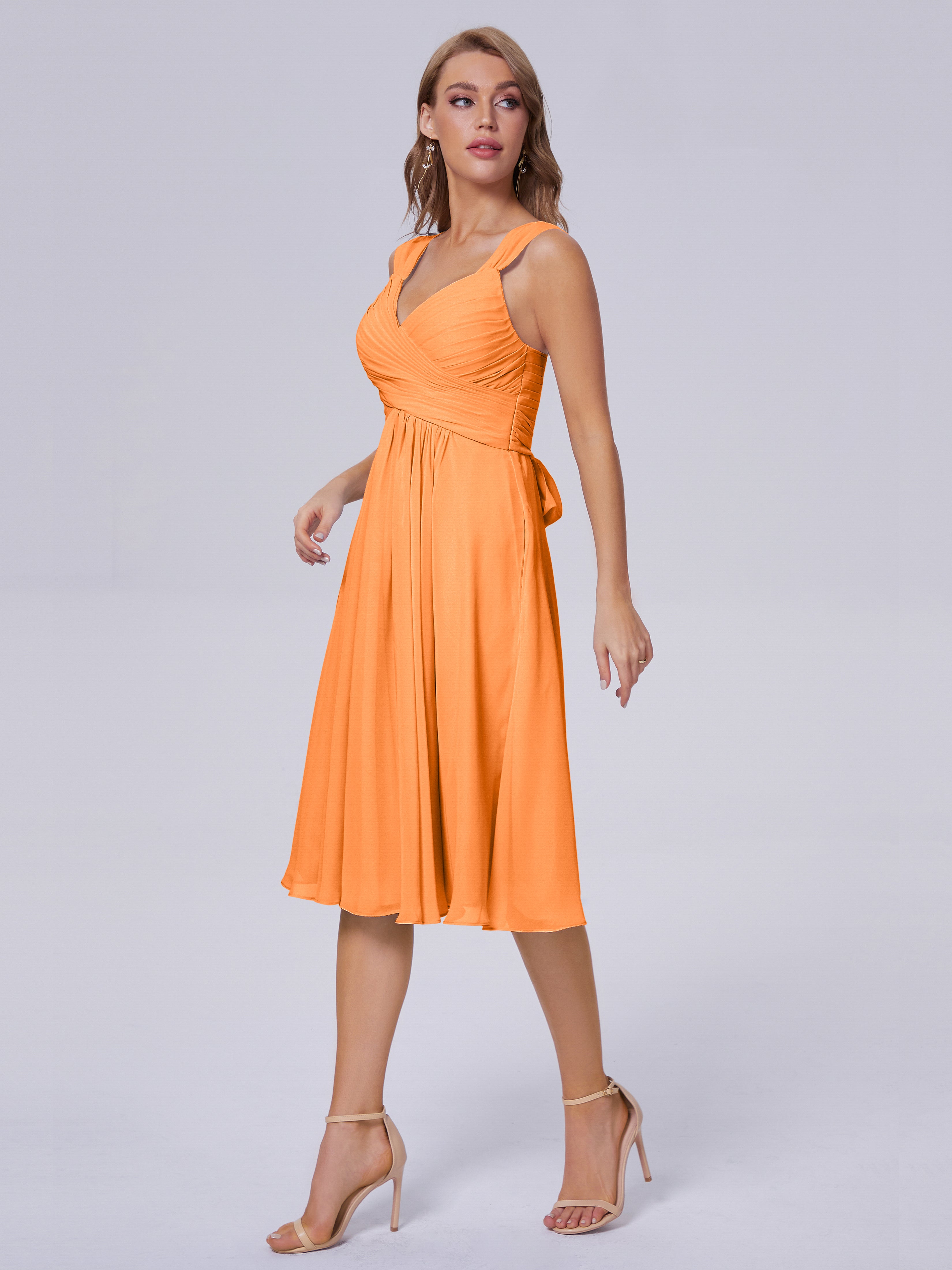 Robes De Demoiselle D'Honneur Orange Abordable Bretelles Courtes Mousseline Robes Demoiselle D'Honneur