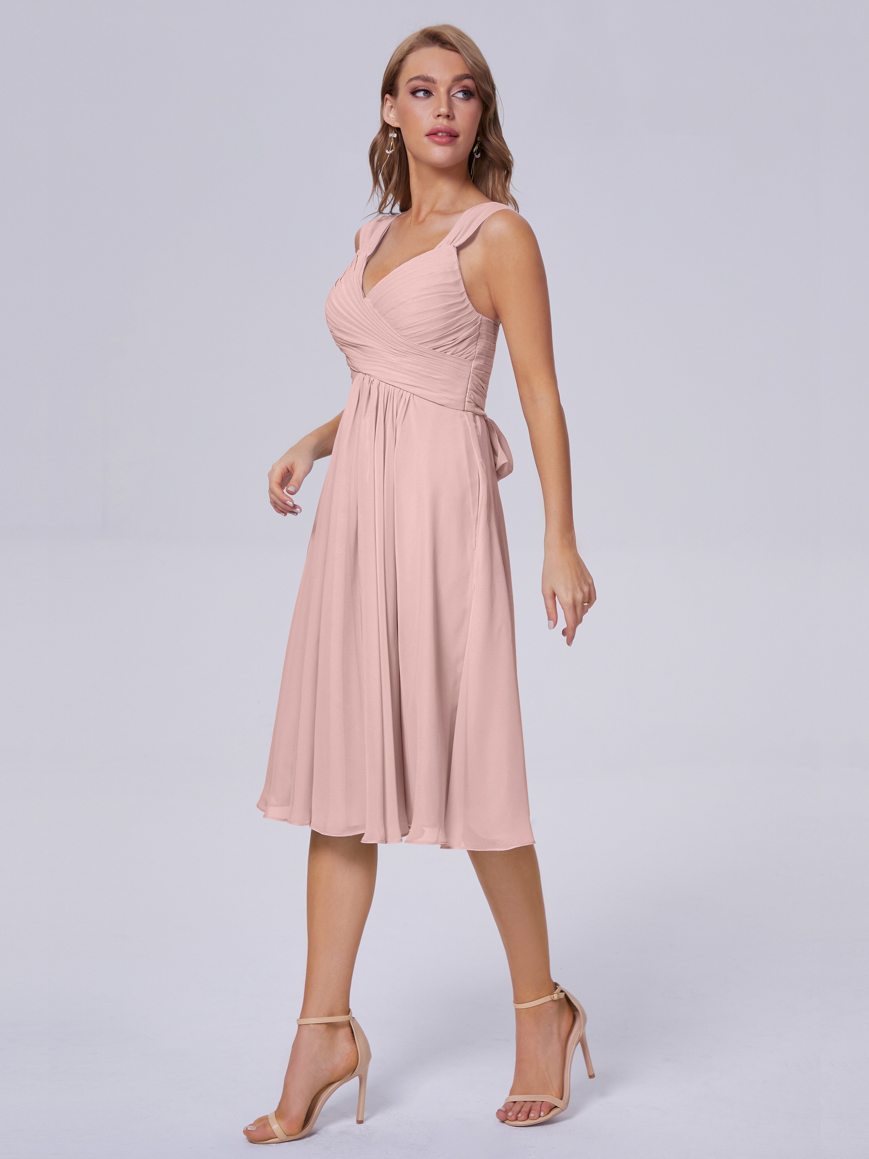 Robe Demoiselle D Honneur Rose Poudre Abordable Bretelles Courtes Mousseline Robes Demoiselle D'Honneur