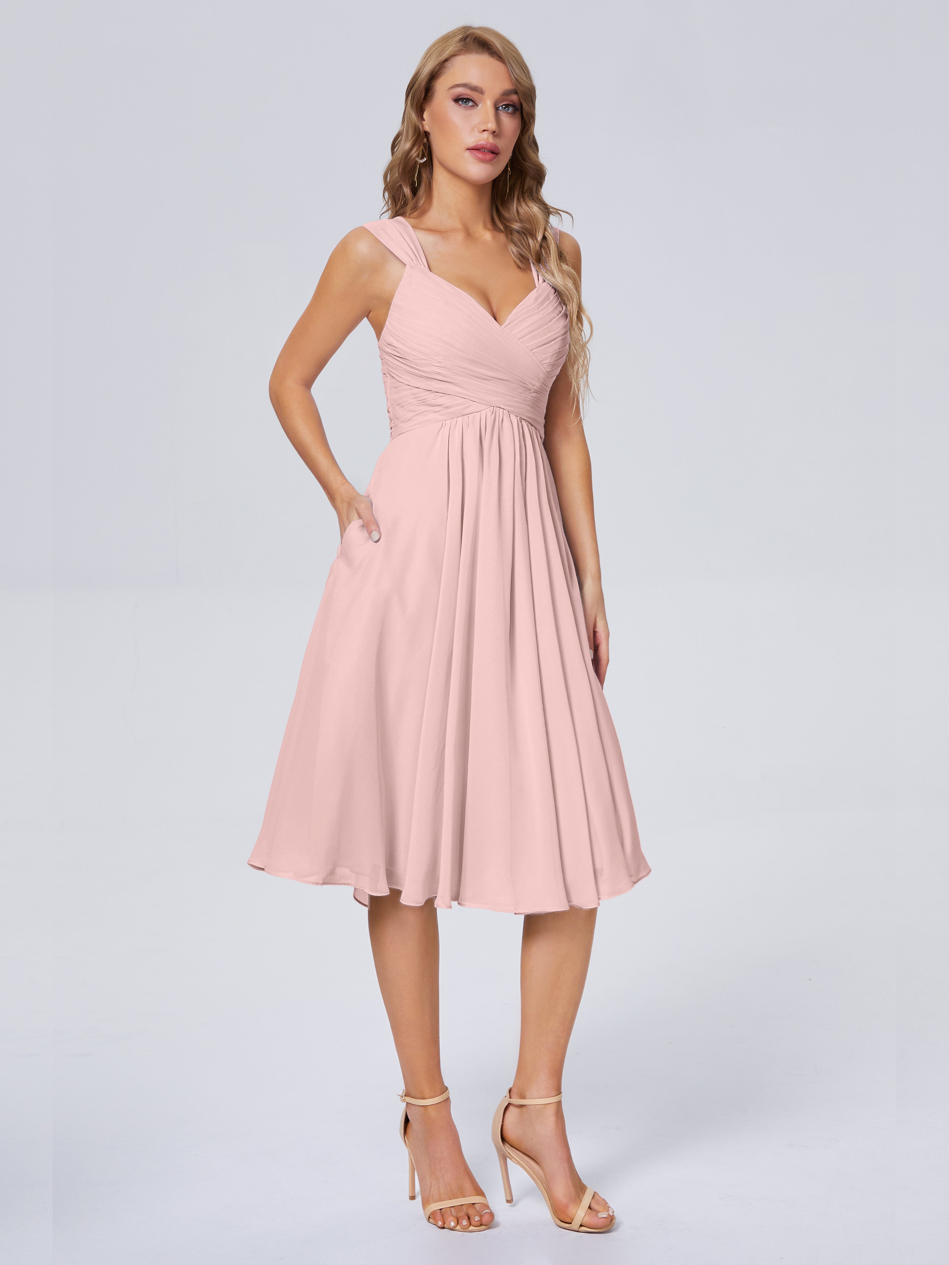 Robe Demoiselle D Honneur Rose Poudre Abordable Bretelles Courtes Mousseline Robes Demoiselle D'Honneur