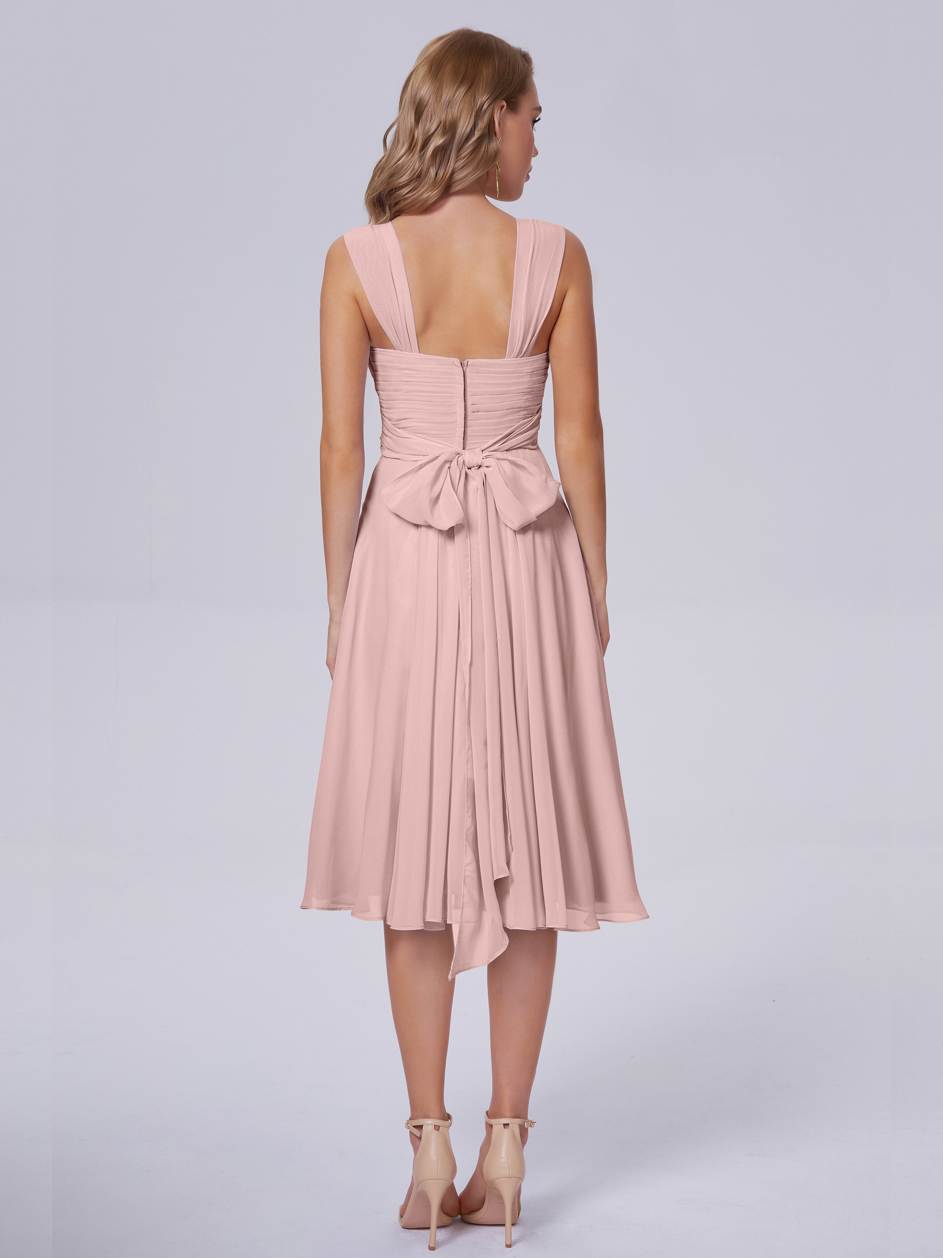 Robe Demoiselle D Honneur Rose Poudre Abordable Bretelles Courtes Mousseline Robes Demoiselle D'Honneur
