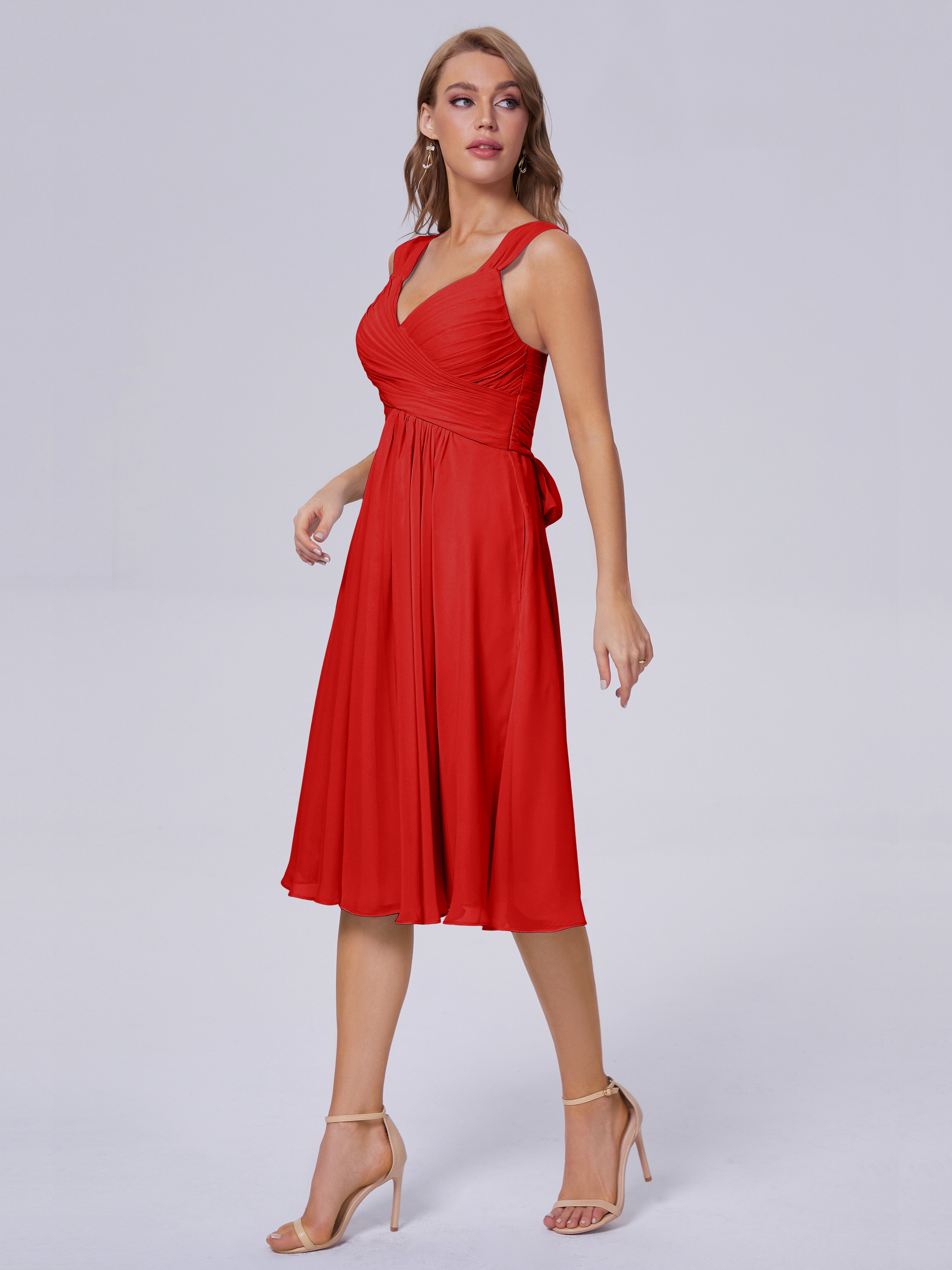 Mariage Robe Demoiselle D Honneur Rouge Abordable Bretelles Courtes Mousseline Robes Demoiselle D'Honneur