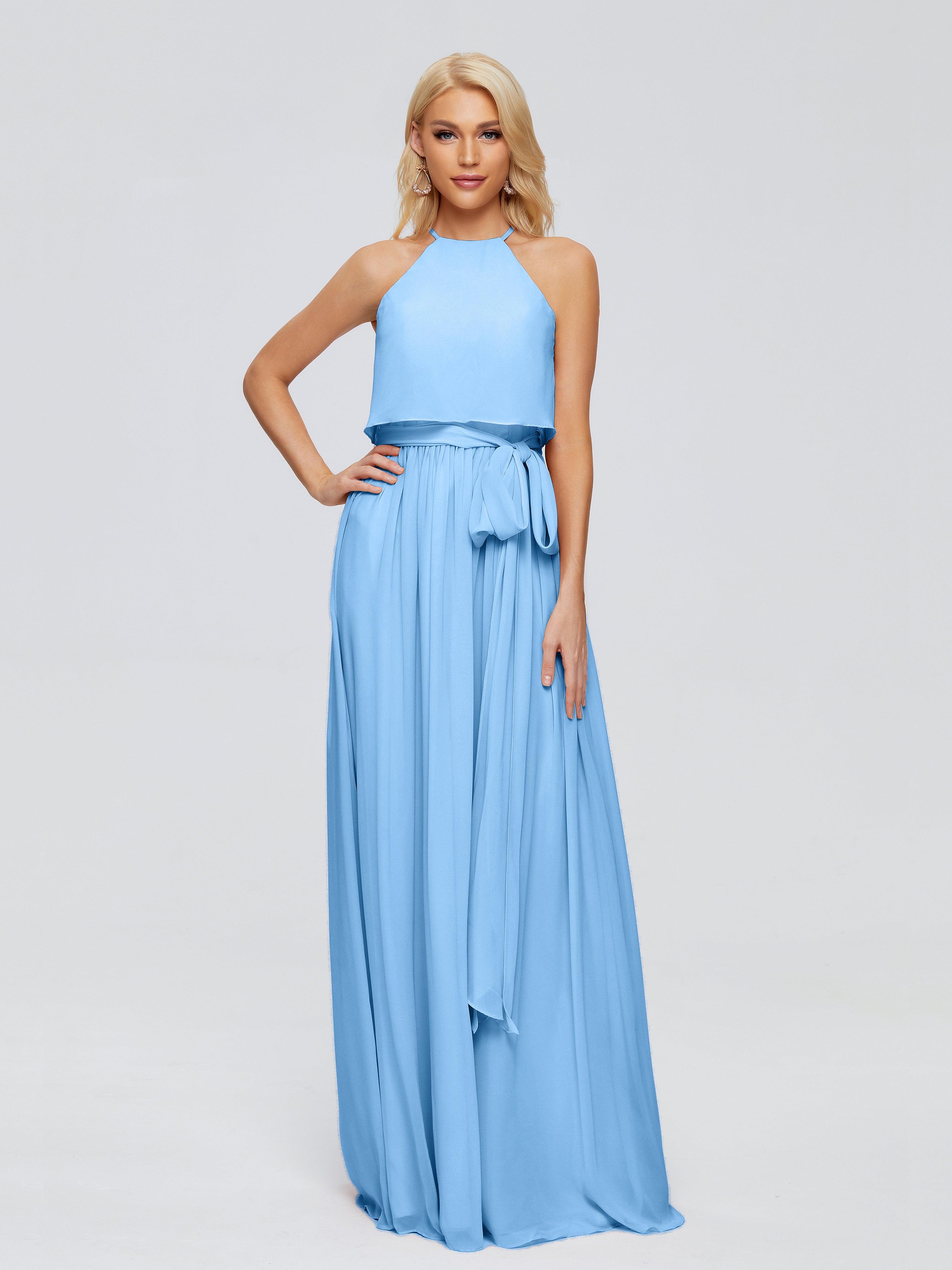 Robe Demoiselle Dhonneur Bleu Trapèze Licou Mousseline Robes Demoiselle D'Honneur