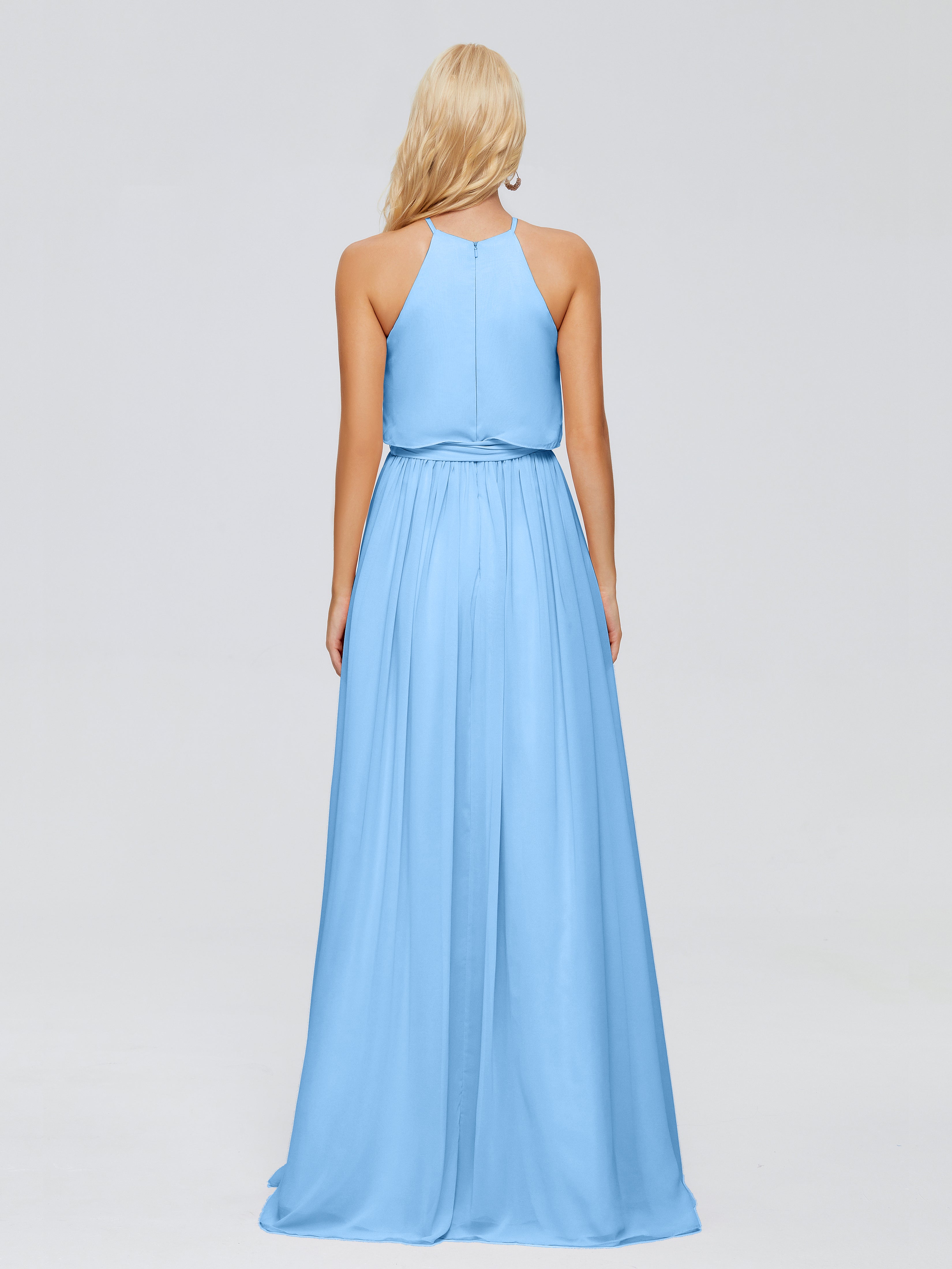 Robe Demoiselle Dhonneur Bleu Trapèze Licou Mousseline Robes Demoiselle D'Honneur