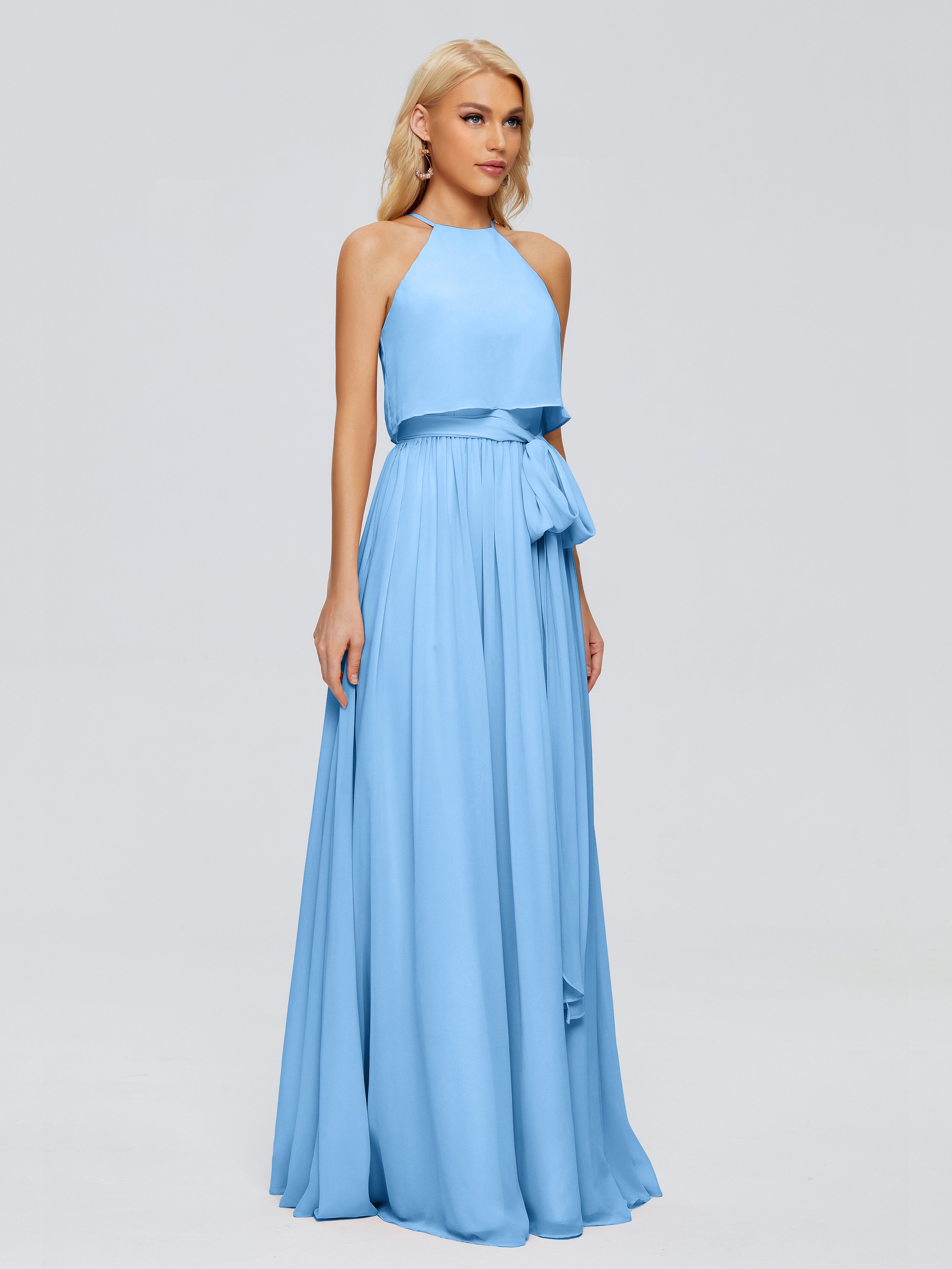 Robe Demoiselle Dhonneur Bleu Trapèze Licou Mousseline Robes Demoiselle D'Honneur