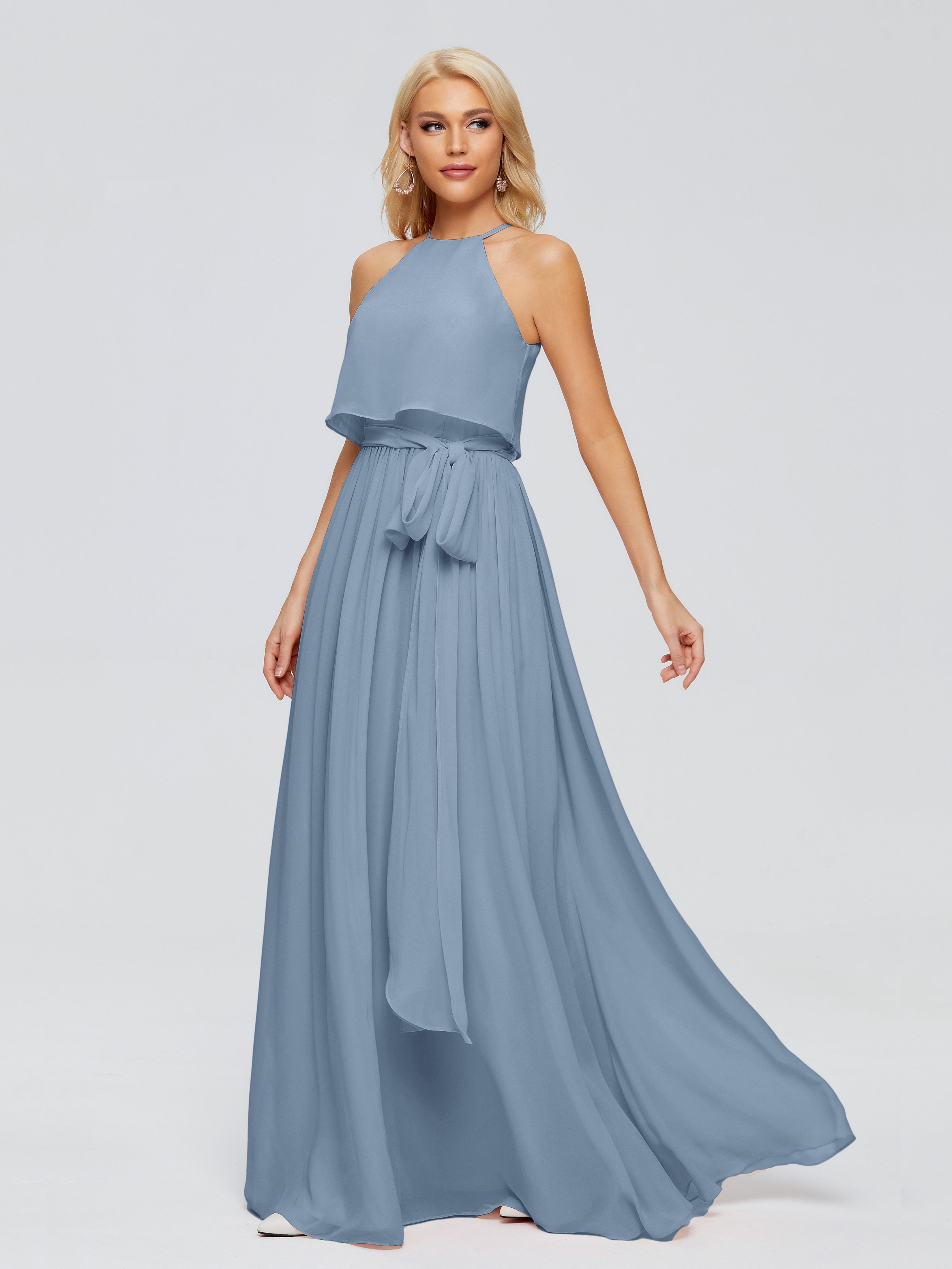 Robes De Demoiselle D'Honneur Bleu De Schiste Trapèze Licou Mousseline Robes Demoiselle D'Honneur