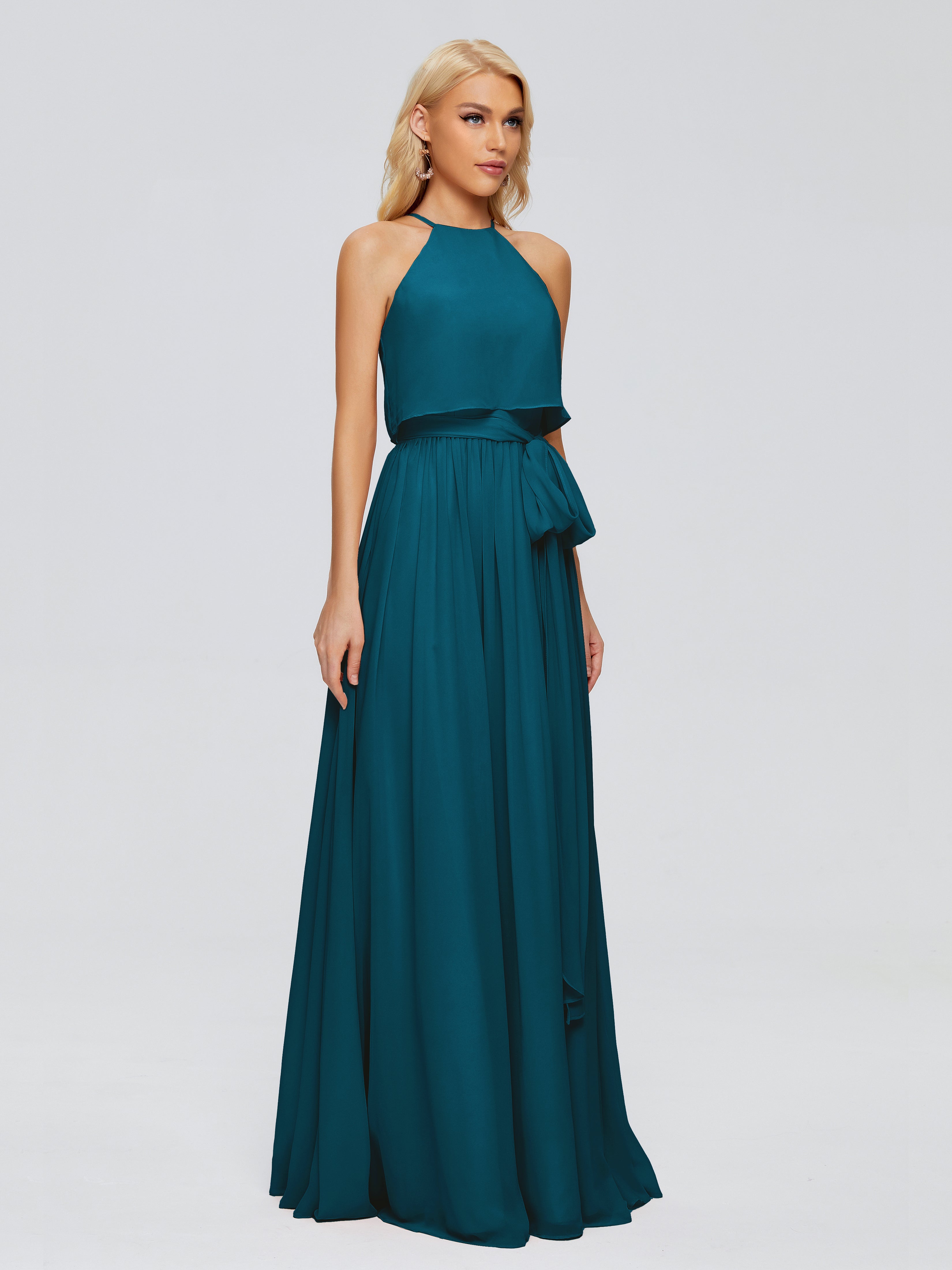 Robe De Demoiselle D'Honneur Bleu Encre Trapèze Licou Mousseline Robes Demoiselle D'Honneur