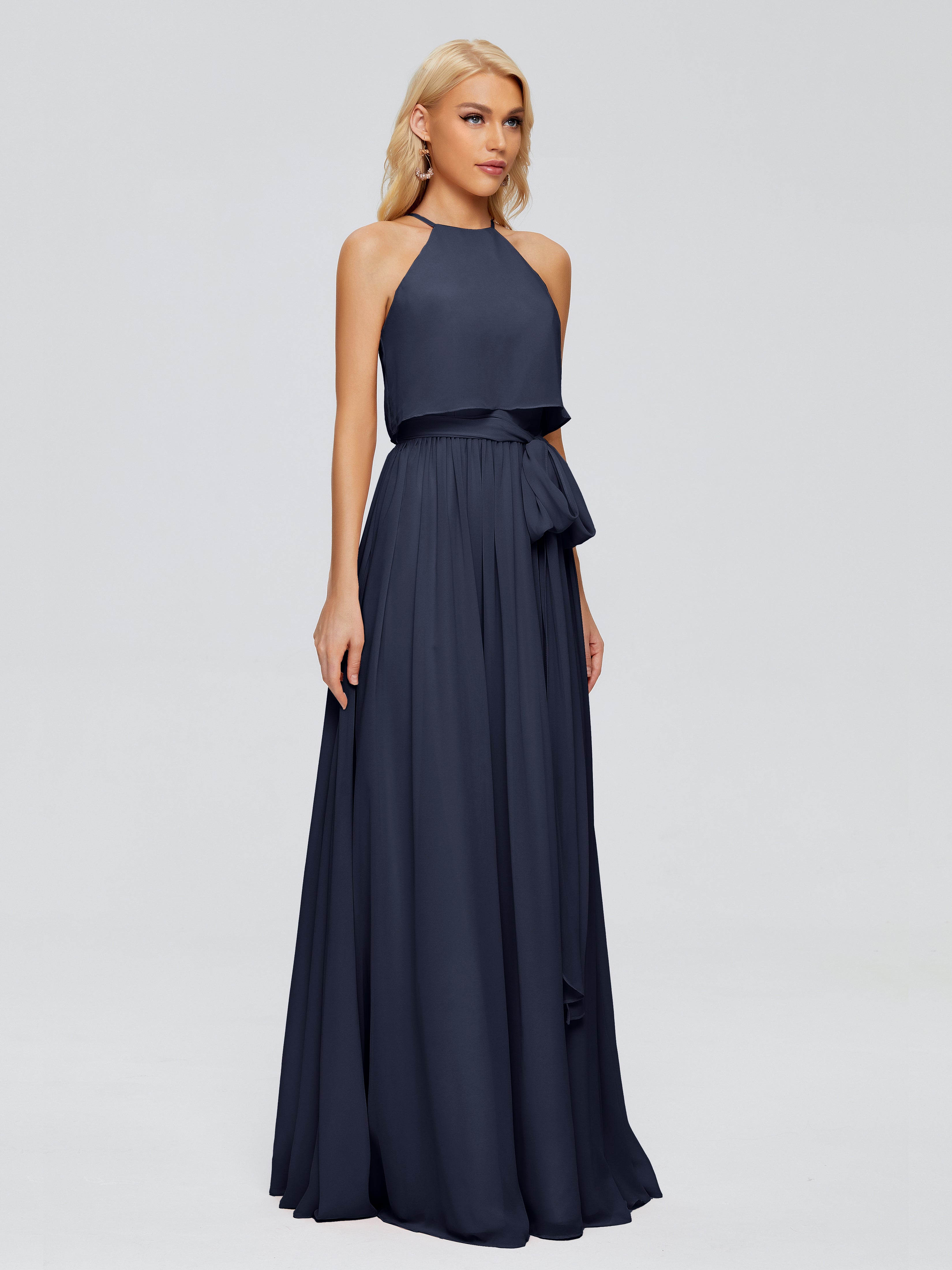 Robes De Demoiselle D'Honneur Bleu Marine Modestes Trapèze Licou Mousseline Robes Demoiselle D'Honneur