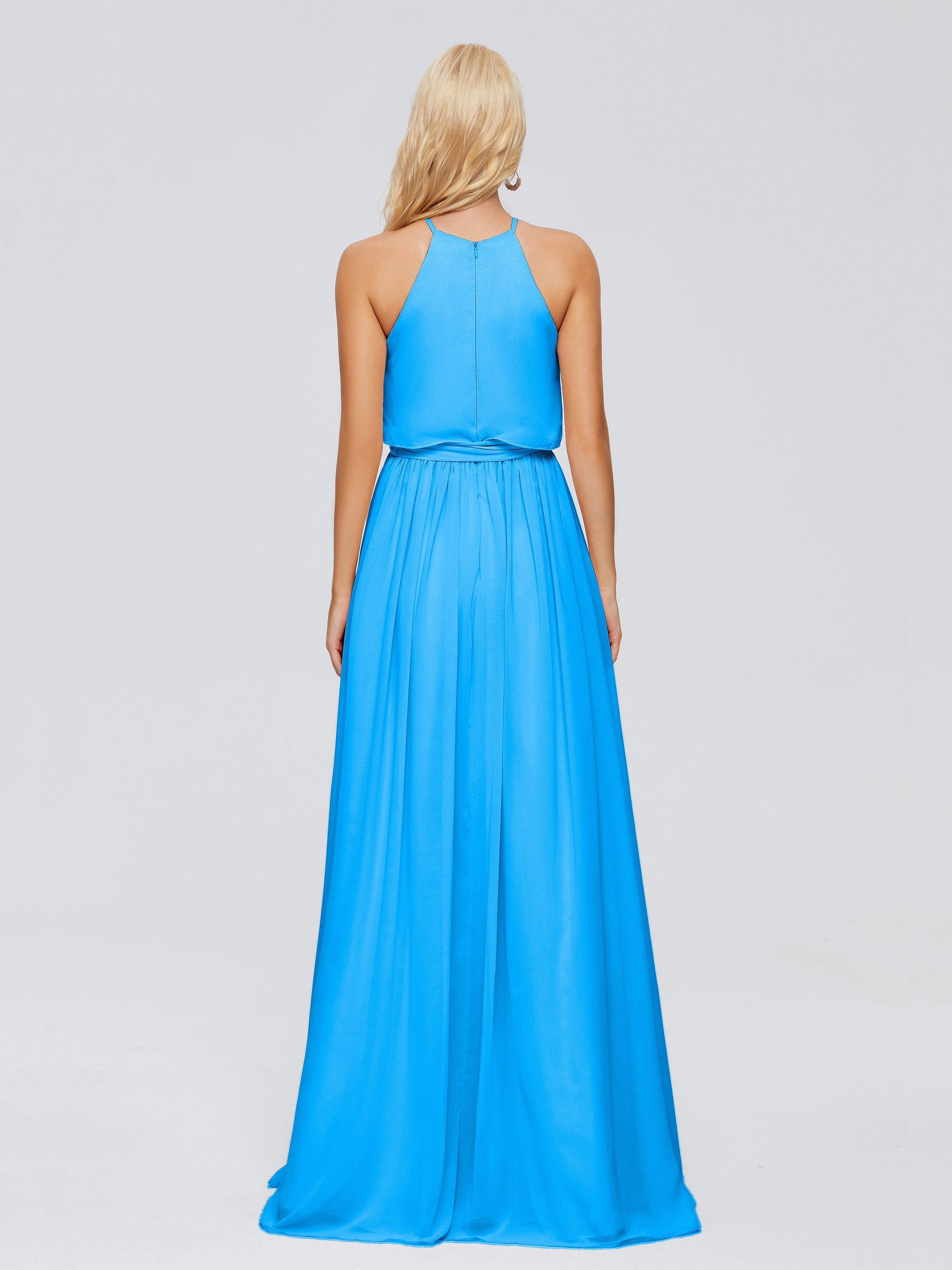 Robes De Demoiselle D'Honneur Bleu Océan Trapèze Licou Mousseline Robes Demoiselle D'Honneur