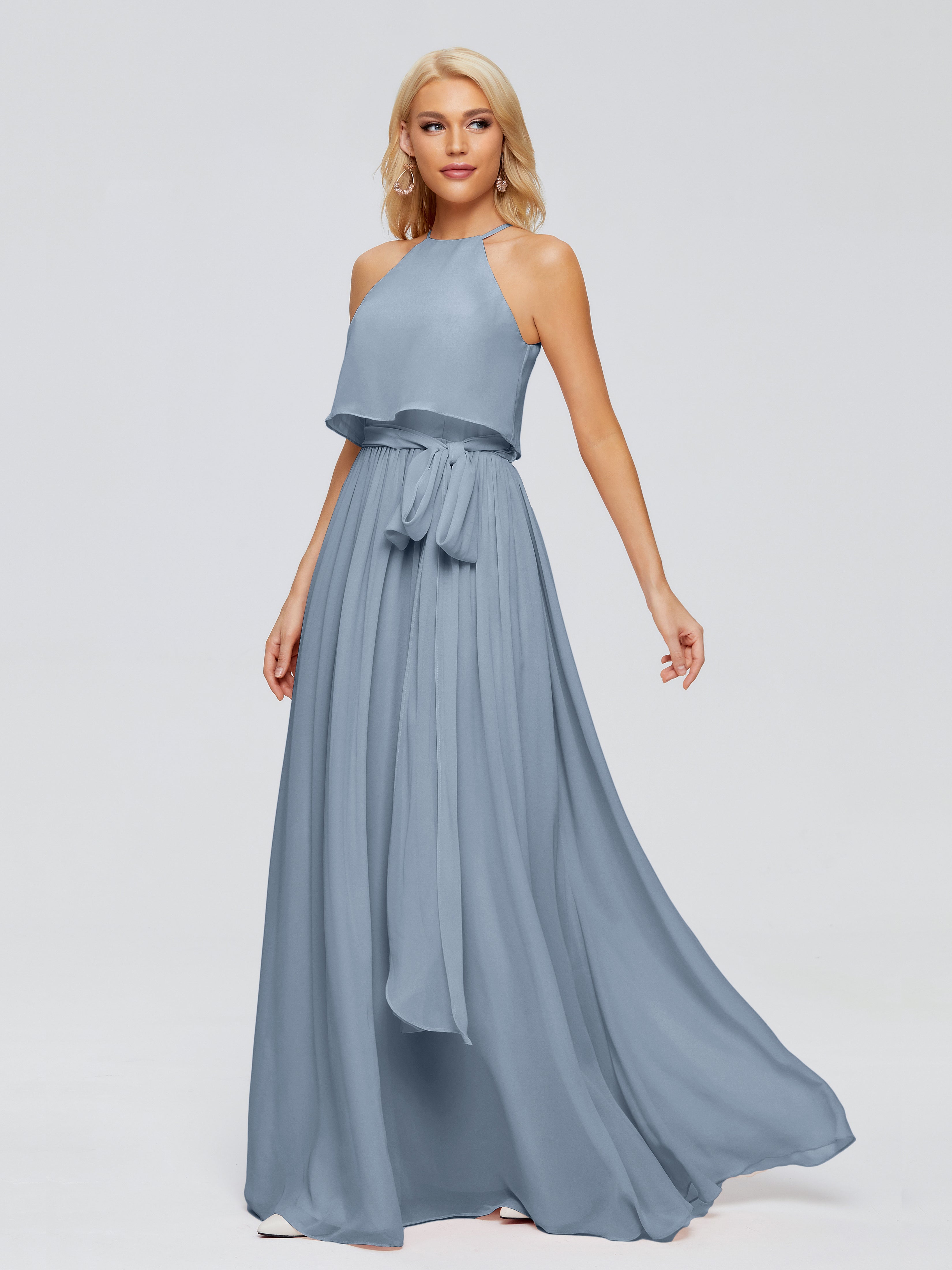Robe Demoiselle D Honneur Bleu Poussiereux Trapèze Licou Mousseline Robes Demoiselle D'Honneur