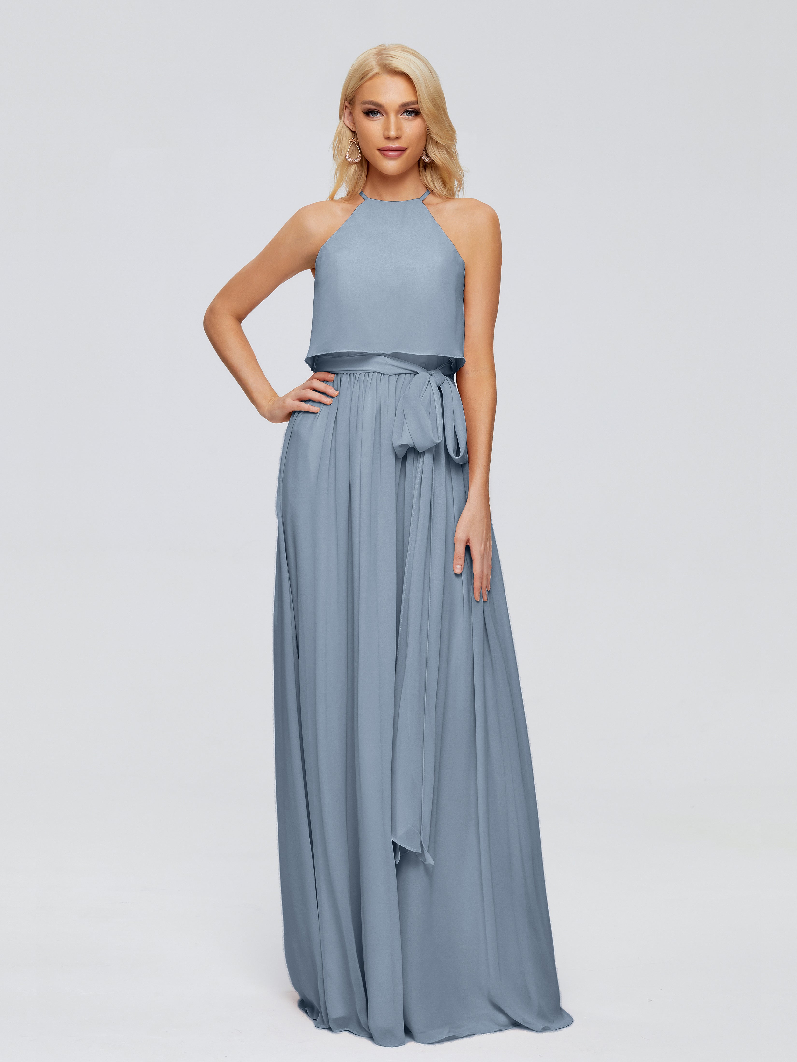 Robe Demoiselle D Honneur Bleu Poussiereux Trapèze Licou Mousseline Robes Demoiselle D'Honneur