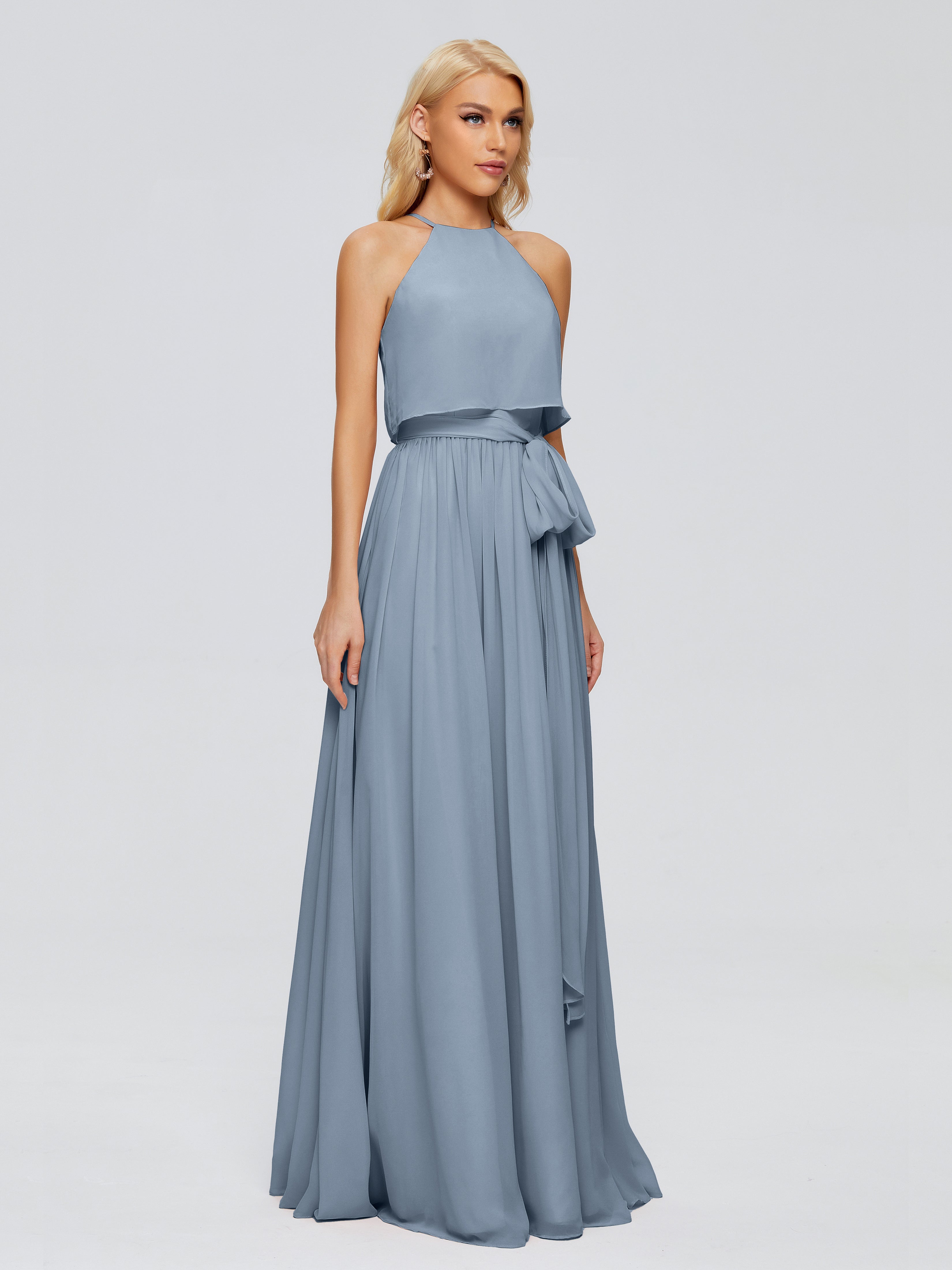 Robe Demoiselle D Honneur Bleu Poussiereux Trapèze Licou Mousseline Robes Demoiselle D'Honneur