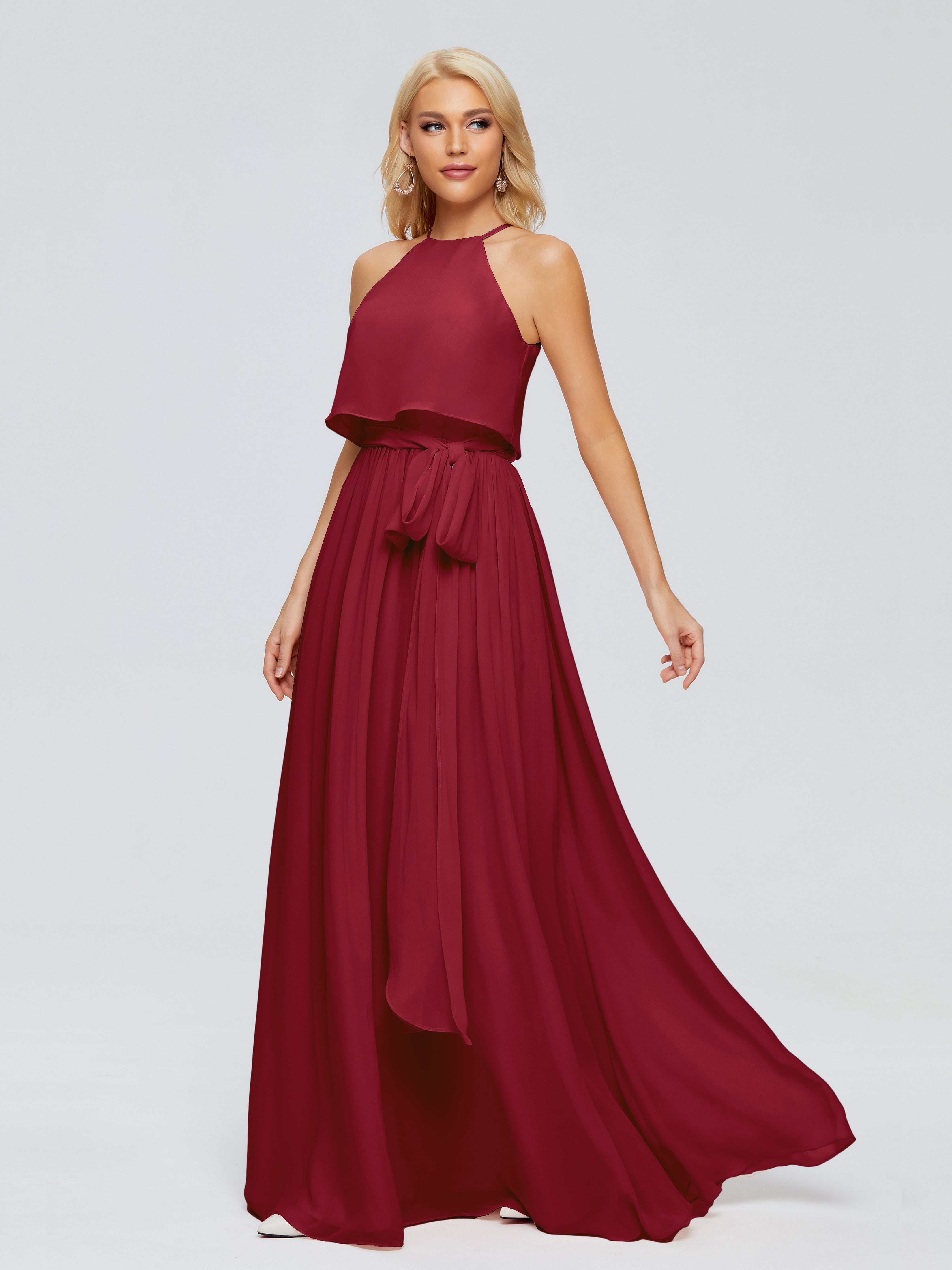 Robe Demoiselle D Honneur Bordeaux Trapèze Licou Mousseline Robes Demoiselle D'Honneur