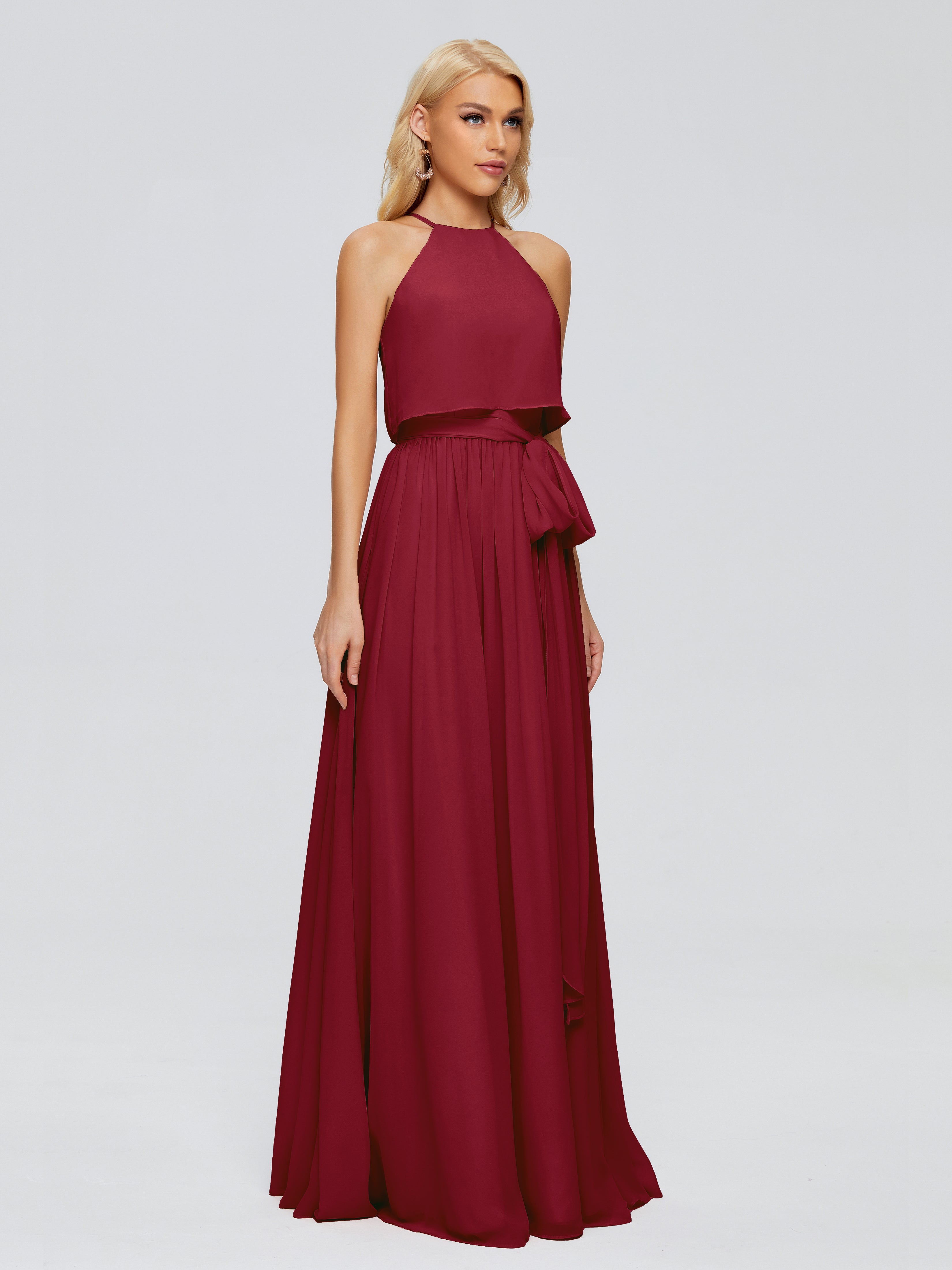 Robe Demoiselle D Honneur Bordeaux Trapèze Licou Mousseline Robes Demoiselle D'Honneur