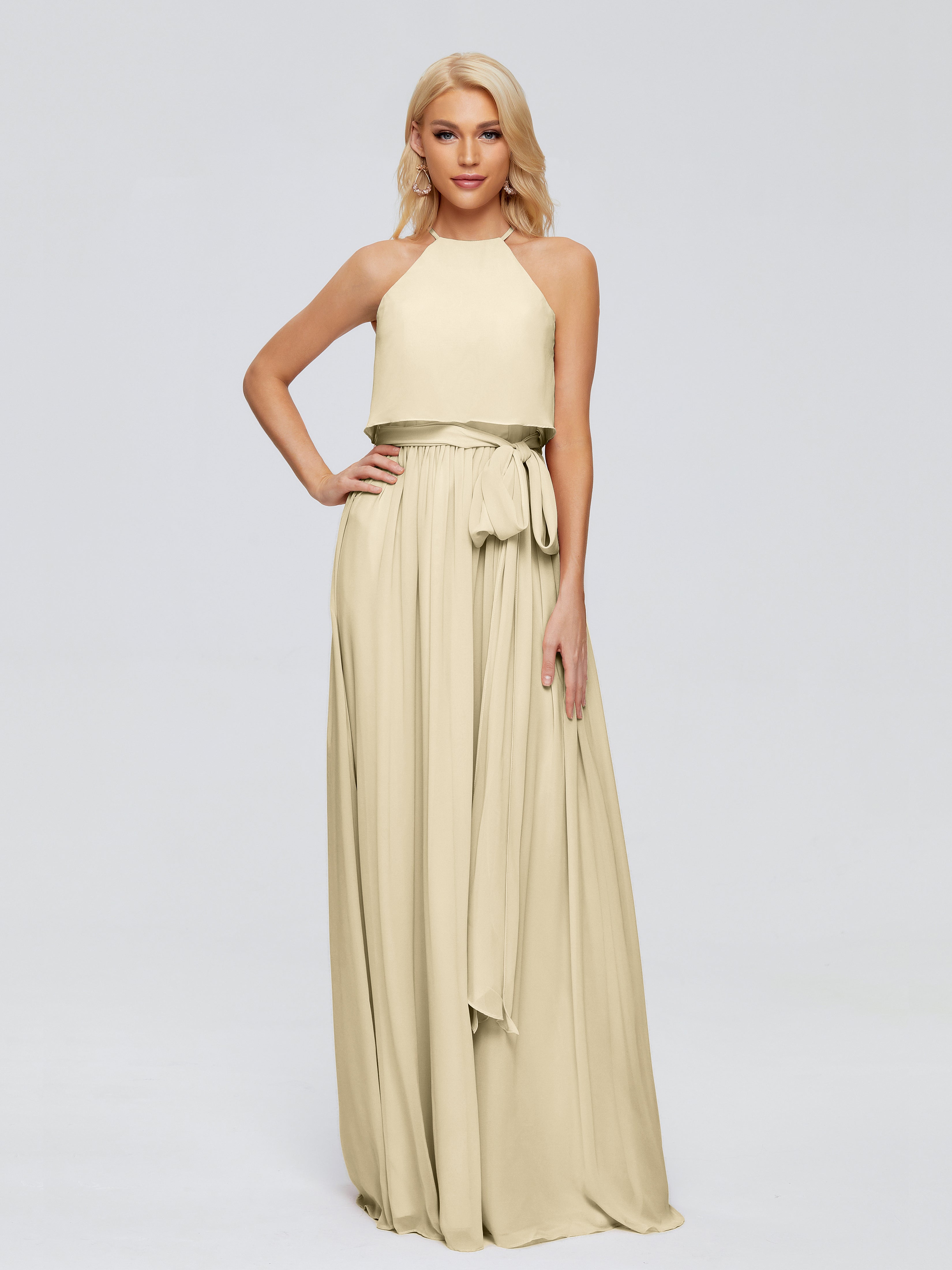Robe Demoiselle D Honneur Couleur Champagne Trapèze Licou Mousseline Robes Demoiselle D'Honneur