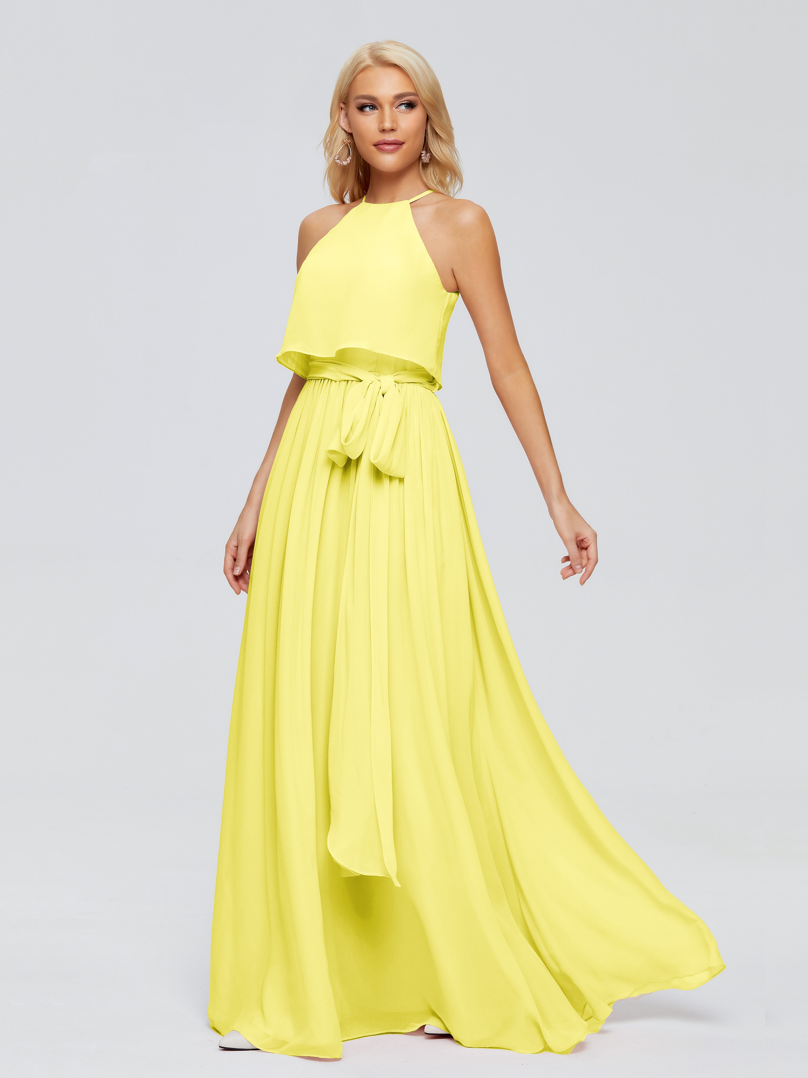 Robes De Demoiselle D'Honneur Citron Trapèze Licou Mousseline Robes Demoiselle D'Honneur
