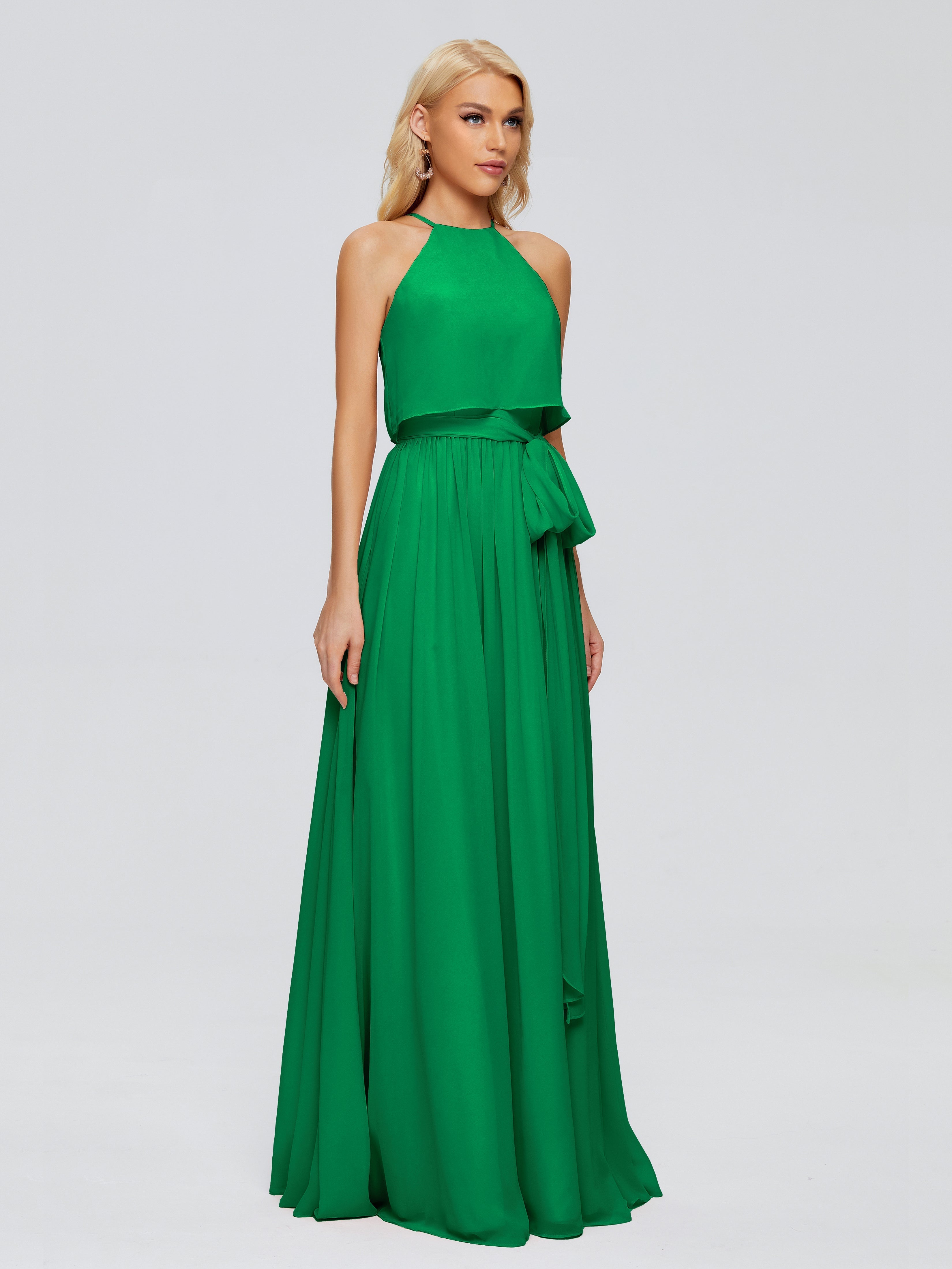 Robe Vert Emeraude Demoiselle D Honneur Trapèze Licou Mousseline Robes Demoiselle D'Honneur
