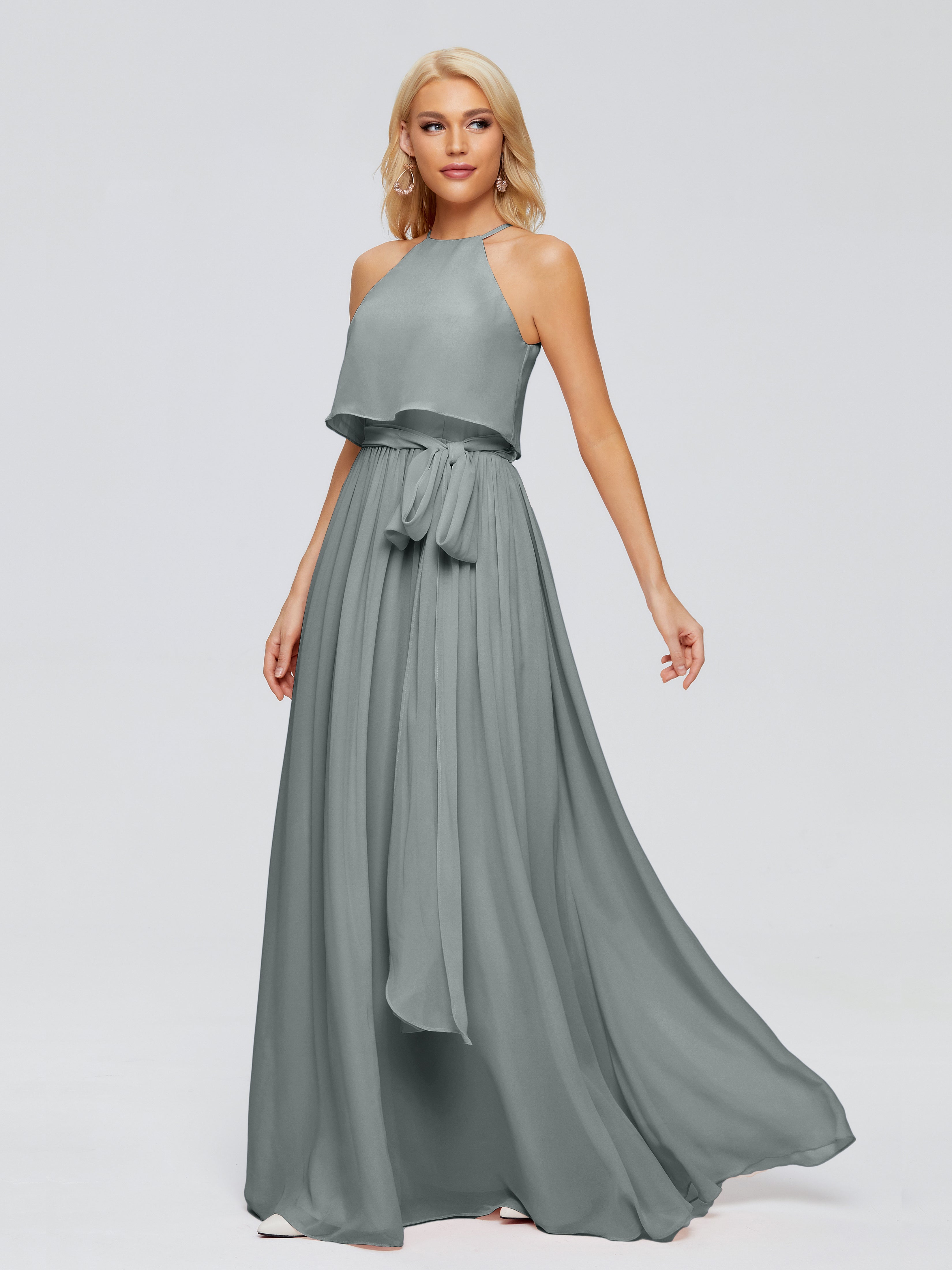 Robe Demoiselle D Honneur Gris Trapèze Licou Mousseline Robes Demoiselle D'Honneur