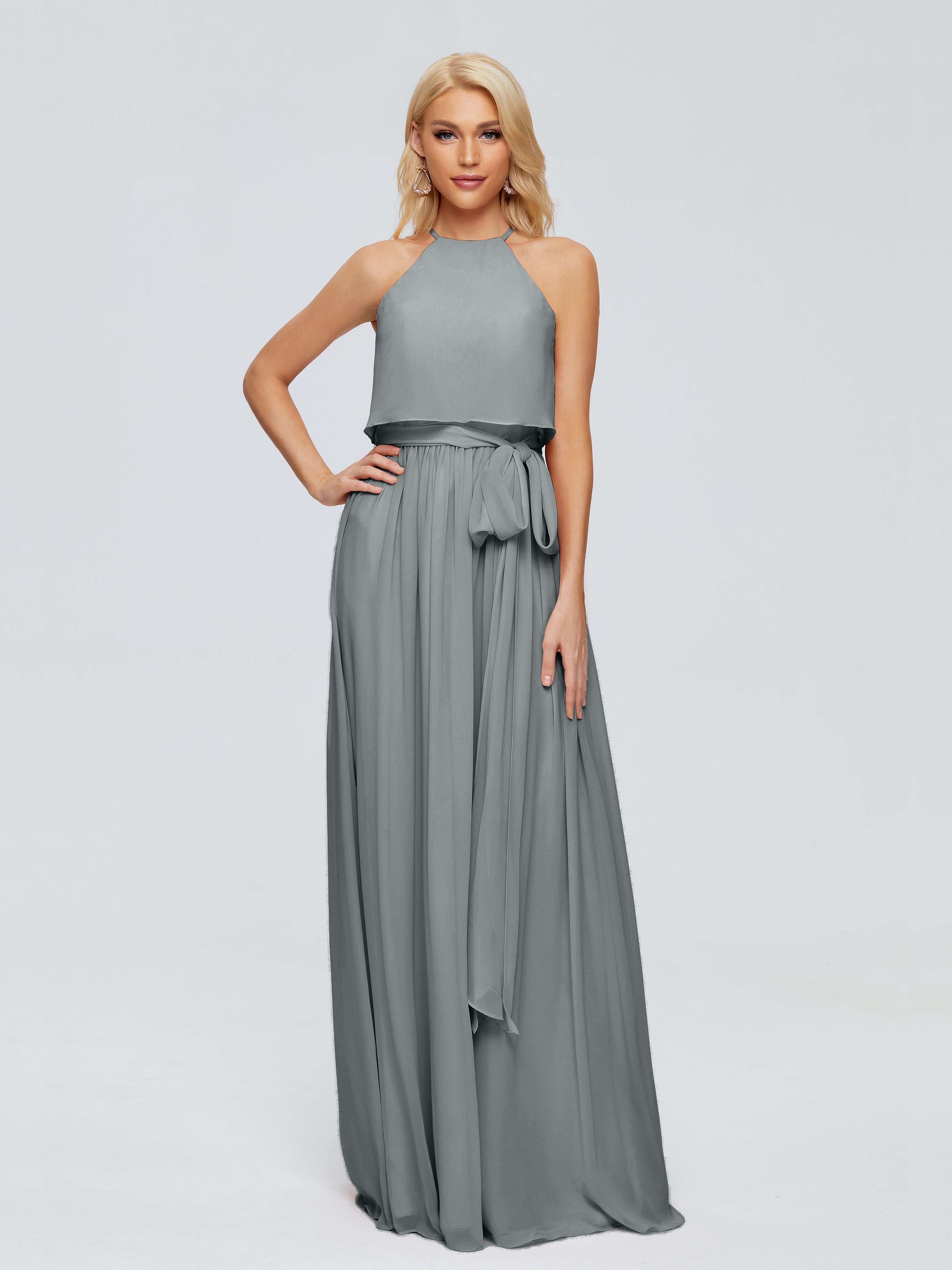 Robe Demoiselle D Honneur Gris Trapèze Licou Mousseline Robes Demoiselle D'Honneur