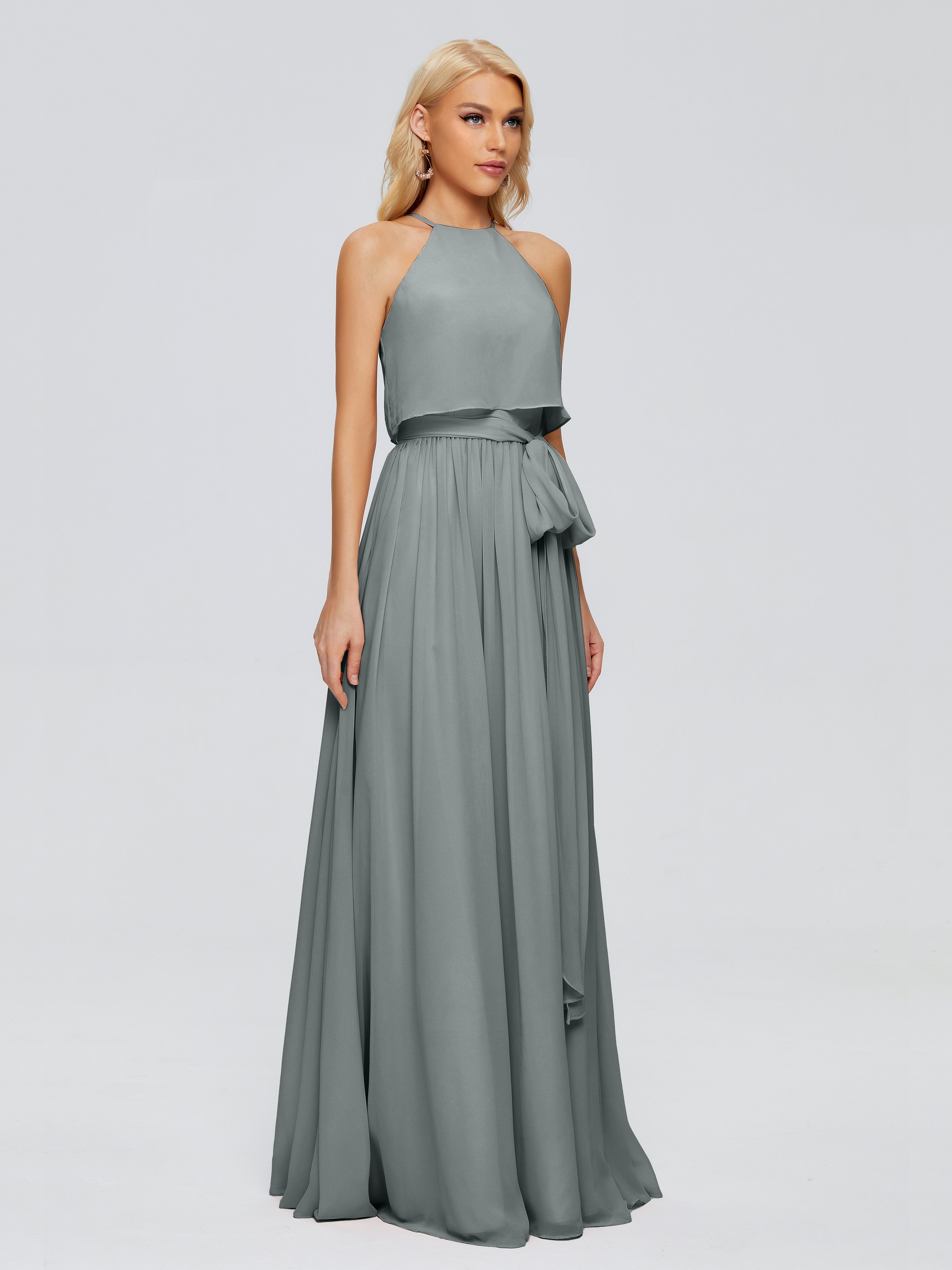 Robe Demoiselle D Honneur Gris Trapèze Licou Mousseline Robes Demoiselle D'Honneur
