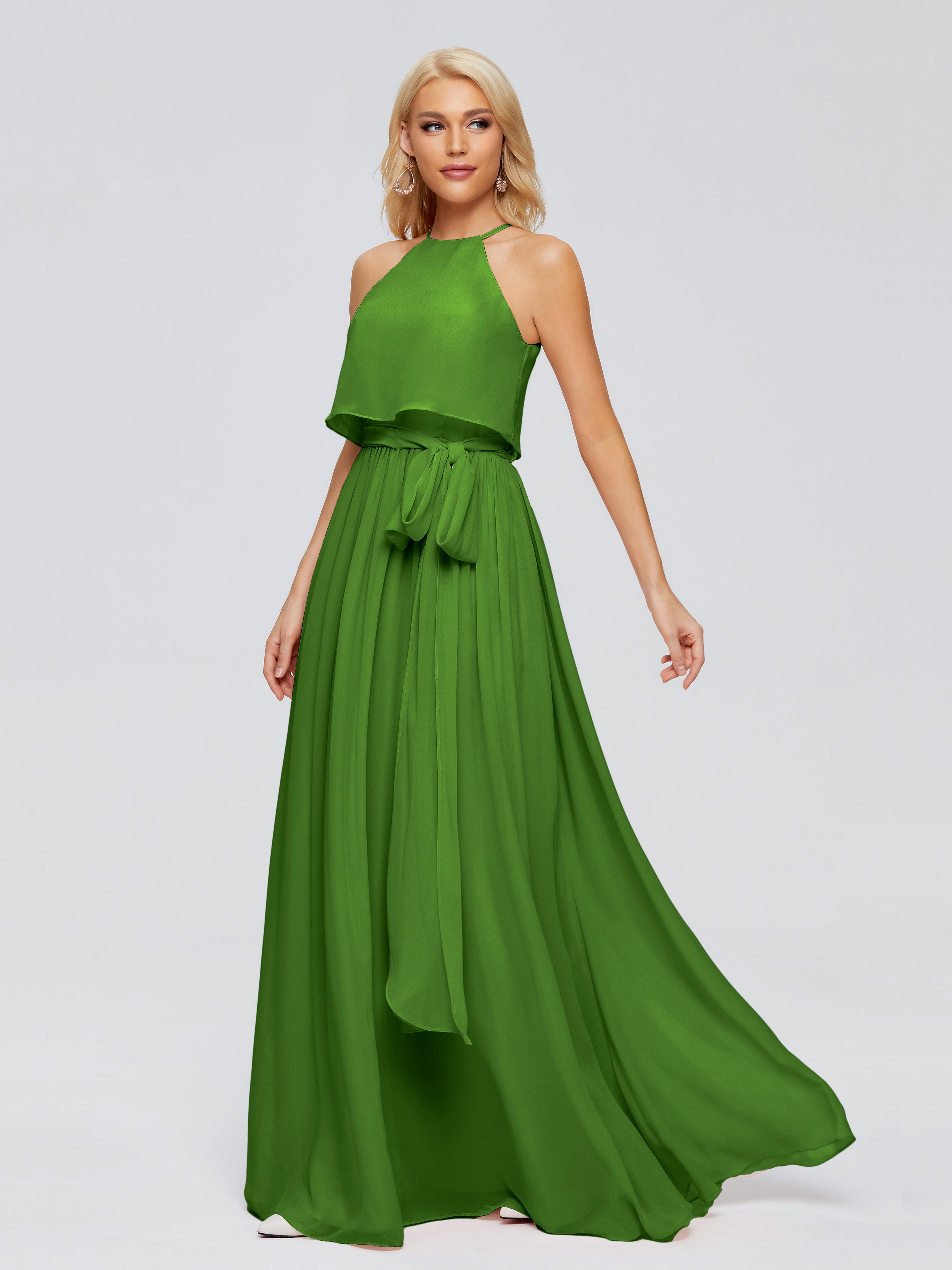 Robes De Demoiselle D'Honneur Vert Mousse Trapèze Licou Mousseline Robes Demoiselle D'Honneur