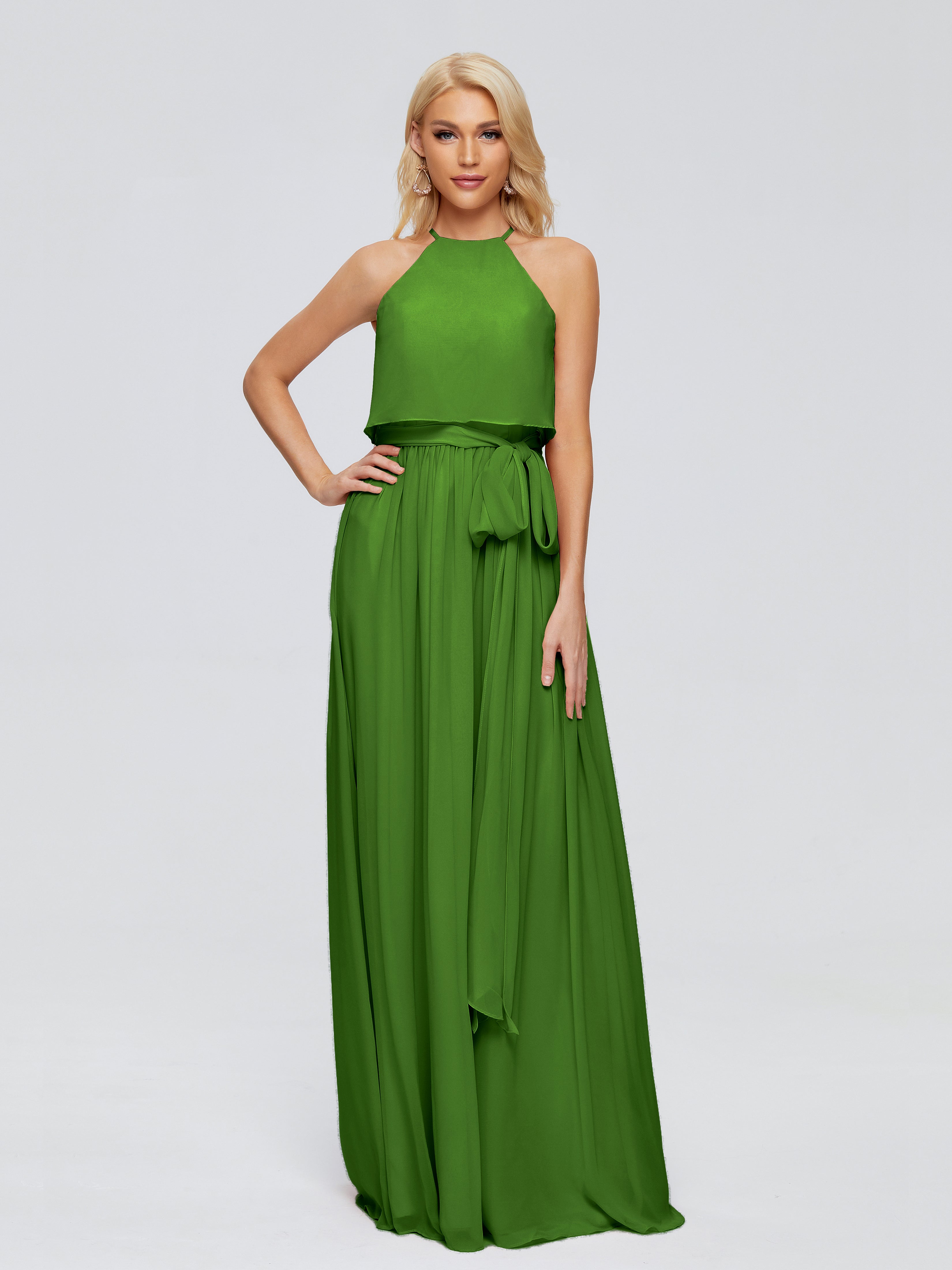 Robes De Demoiselle D'Honneur Vert Mousse Trapèze Licou Mousseline Robes Demoiselle D'Honneur