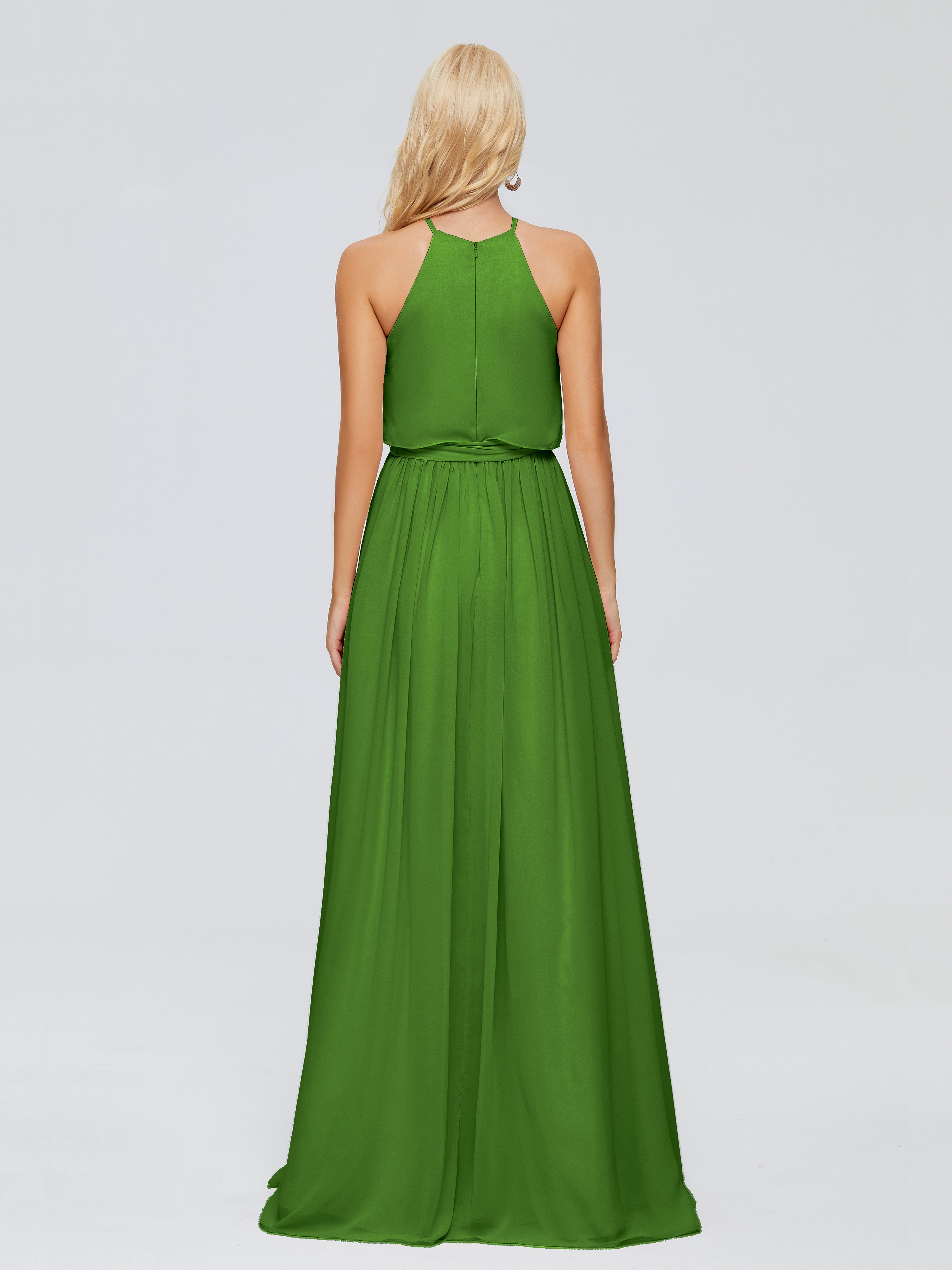 Robes De Demoiselle D'Honneur Vert Mousse Trapèze Licou Mousseline Robes Demoiselle D'Honneur