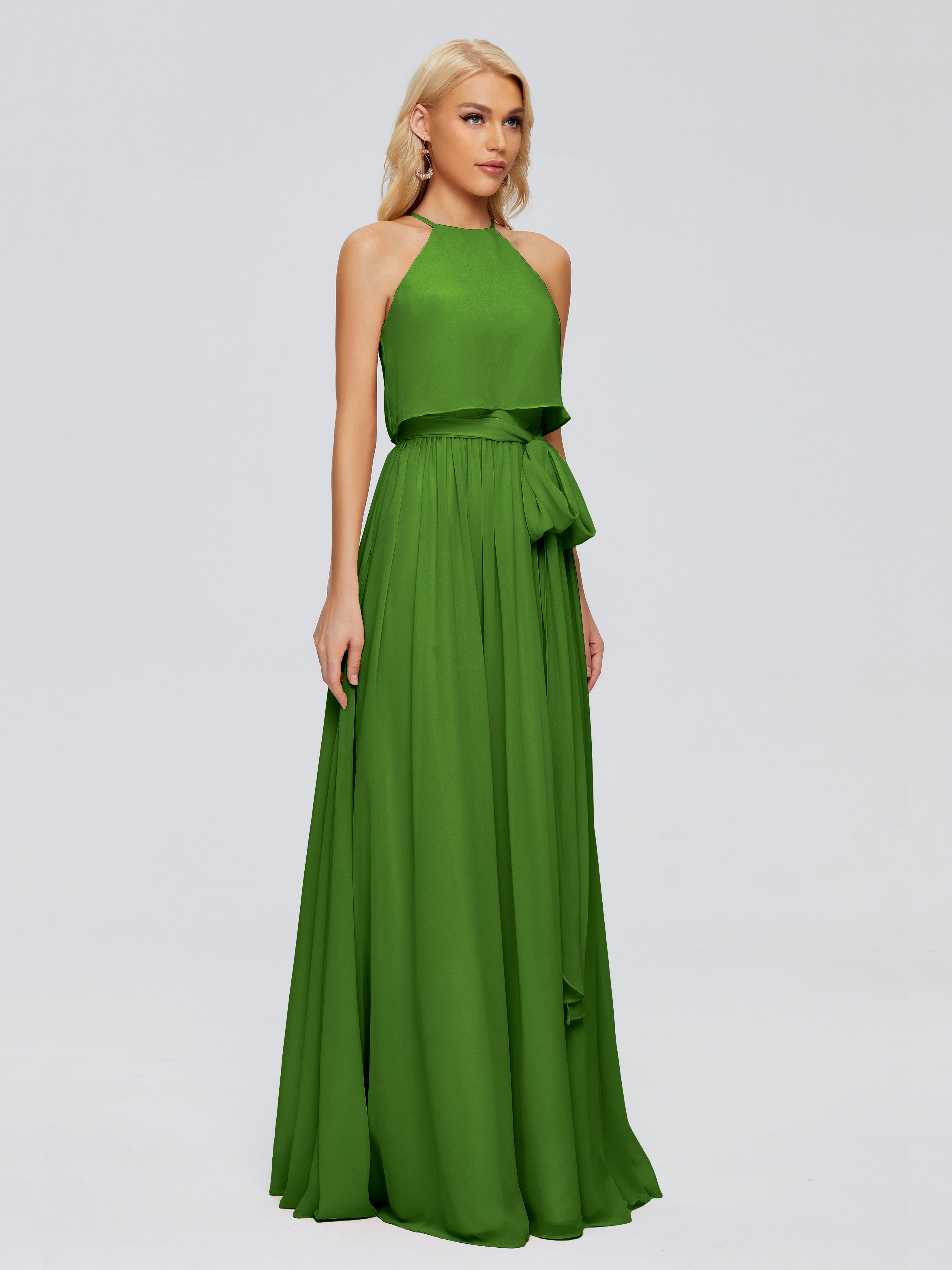 Robes De Demoiselle D'Honneur Vert Mousse Trapèze Licou Mousseline Robes Demoiselle D'Honneur
