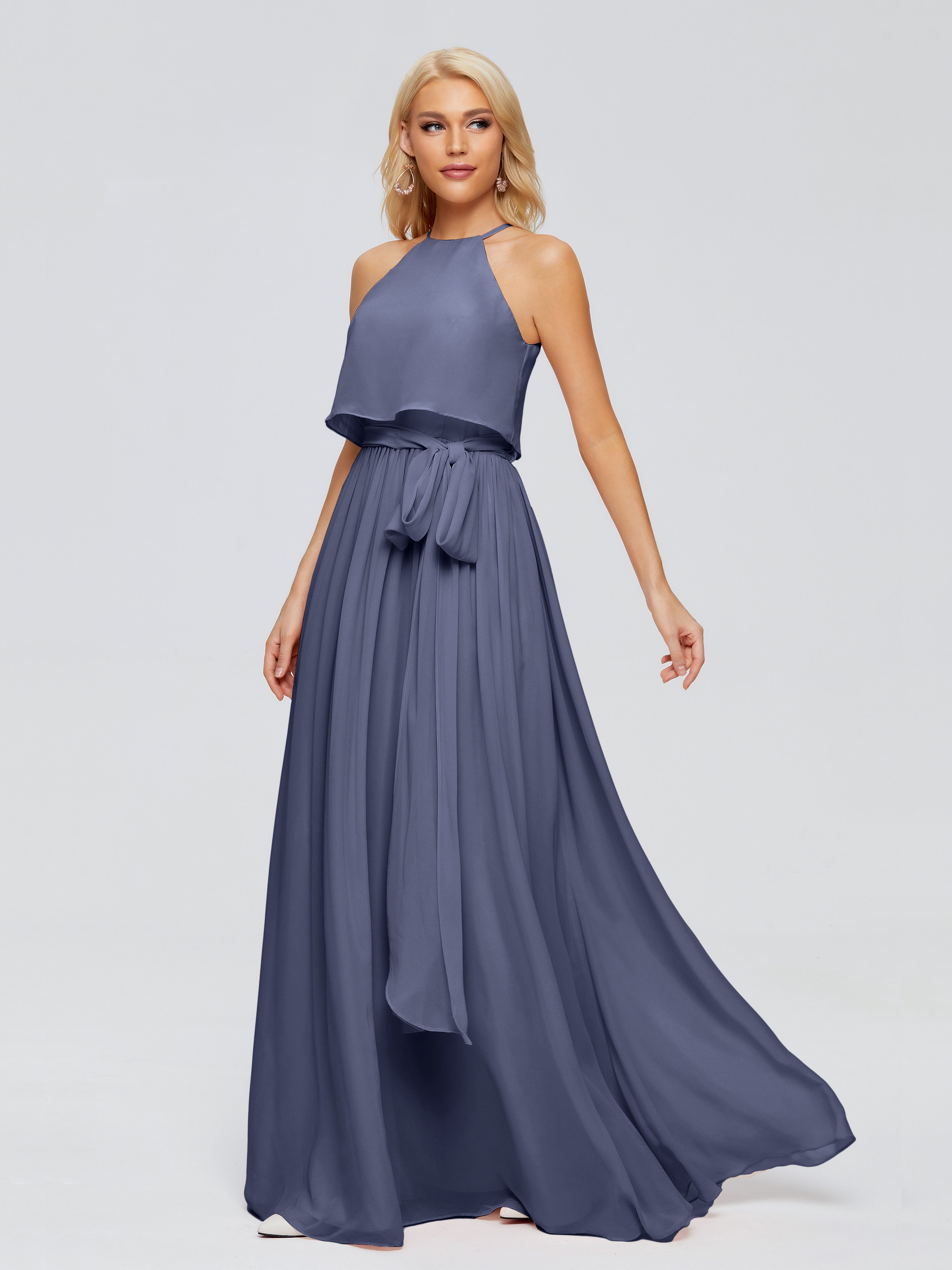 Robes De Demoiselle D'Honneur Bleu Orageux Trapèze Licou Mousseline Robes Demoiselle D'Honneur