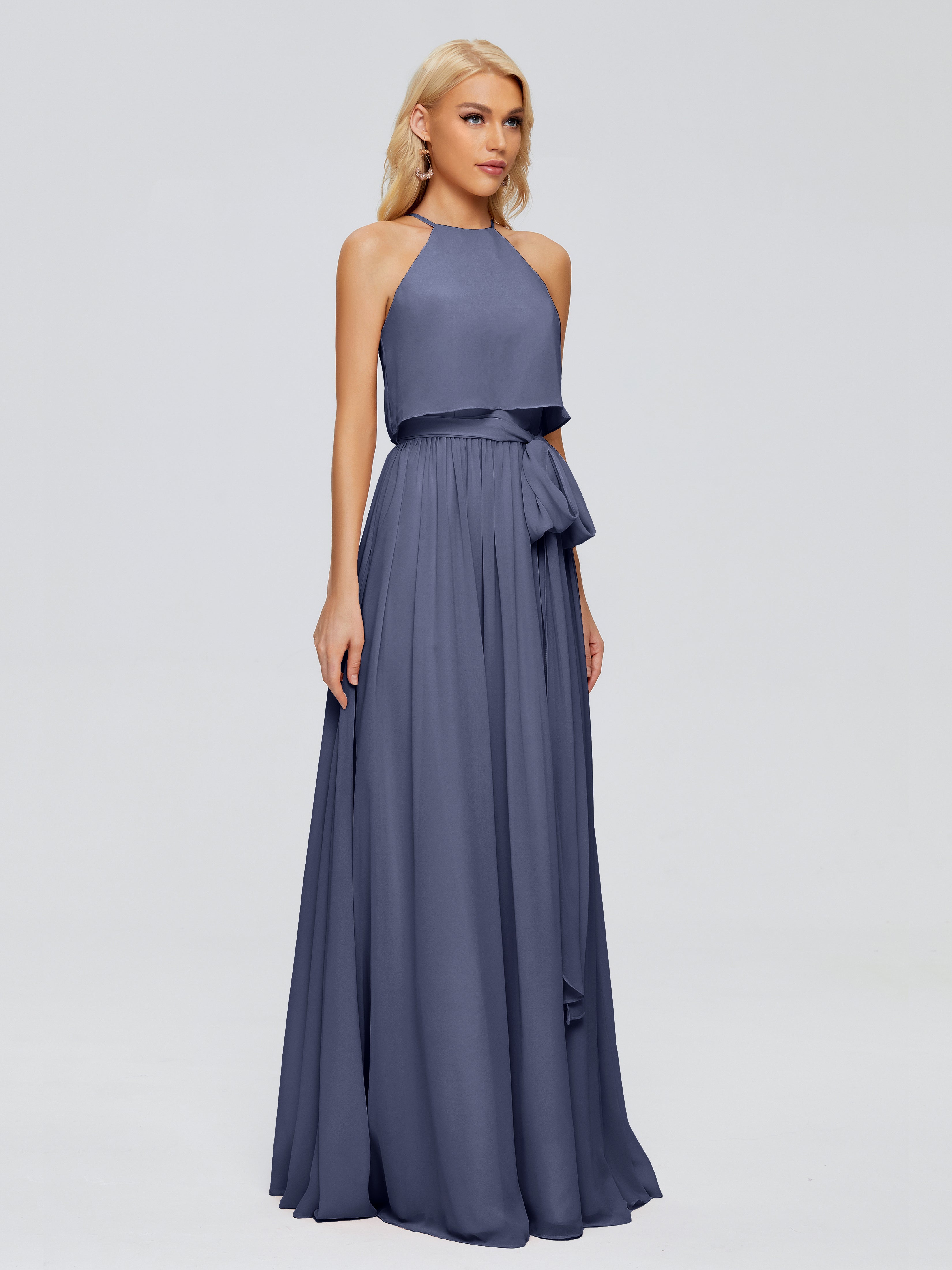 Robes De Demoiselle D'Honneur Bleu Orageux Trapèze Licou Mousseline Robes Demoiselle D'Honneur