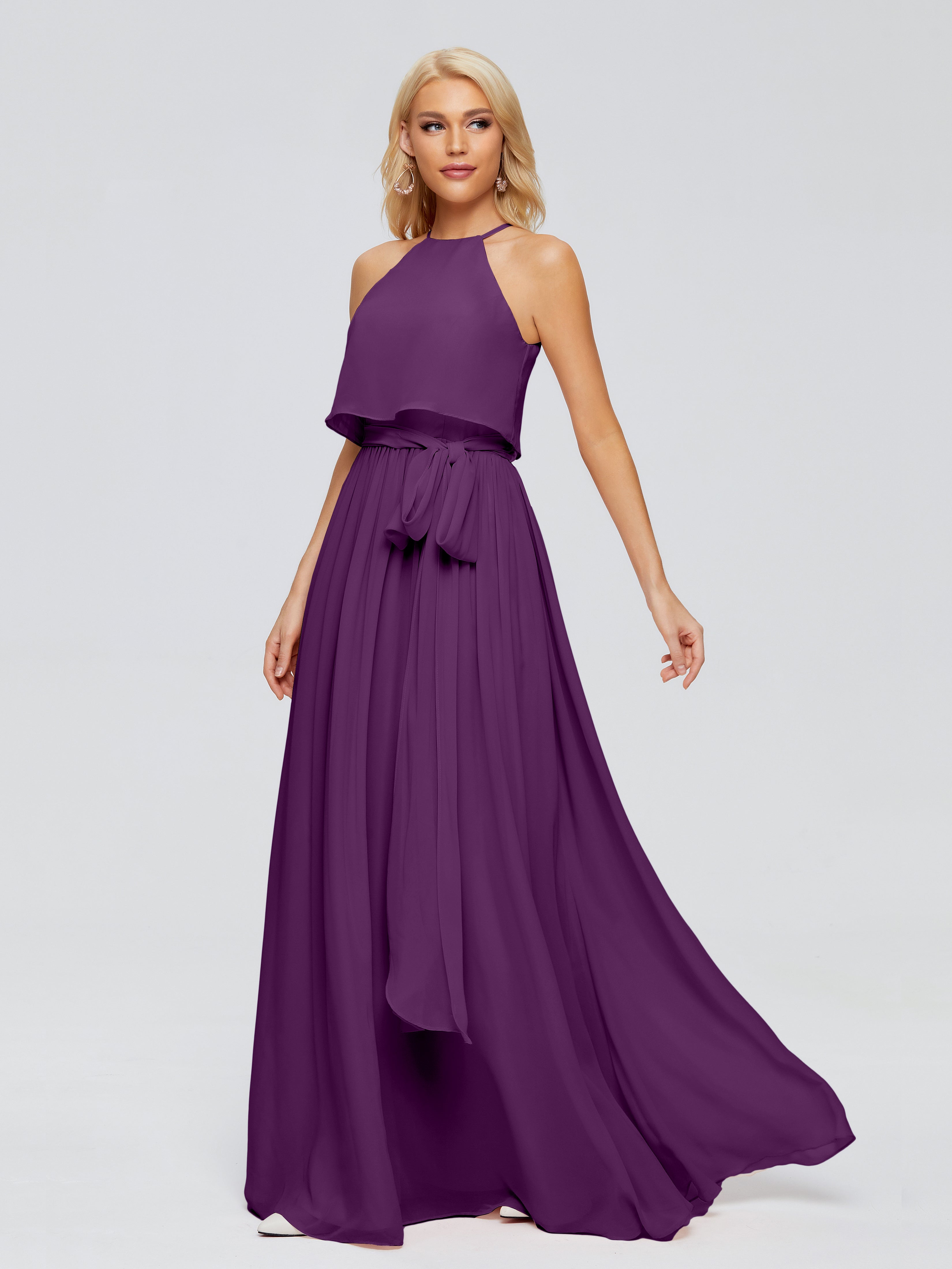 Robes De Demoiselle D'Honneur En Raisin Trapèze Licou Mousseline Robes Demoiselle D'Honneur