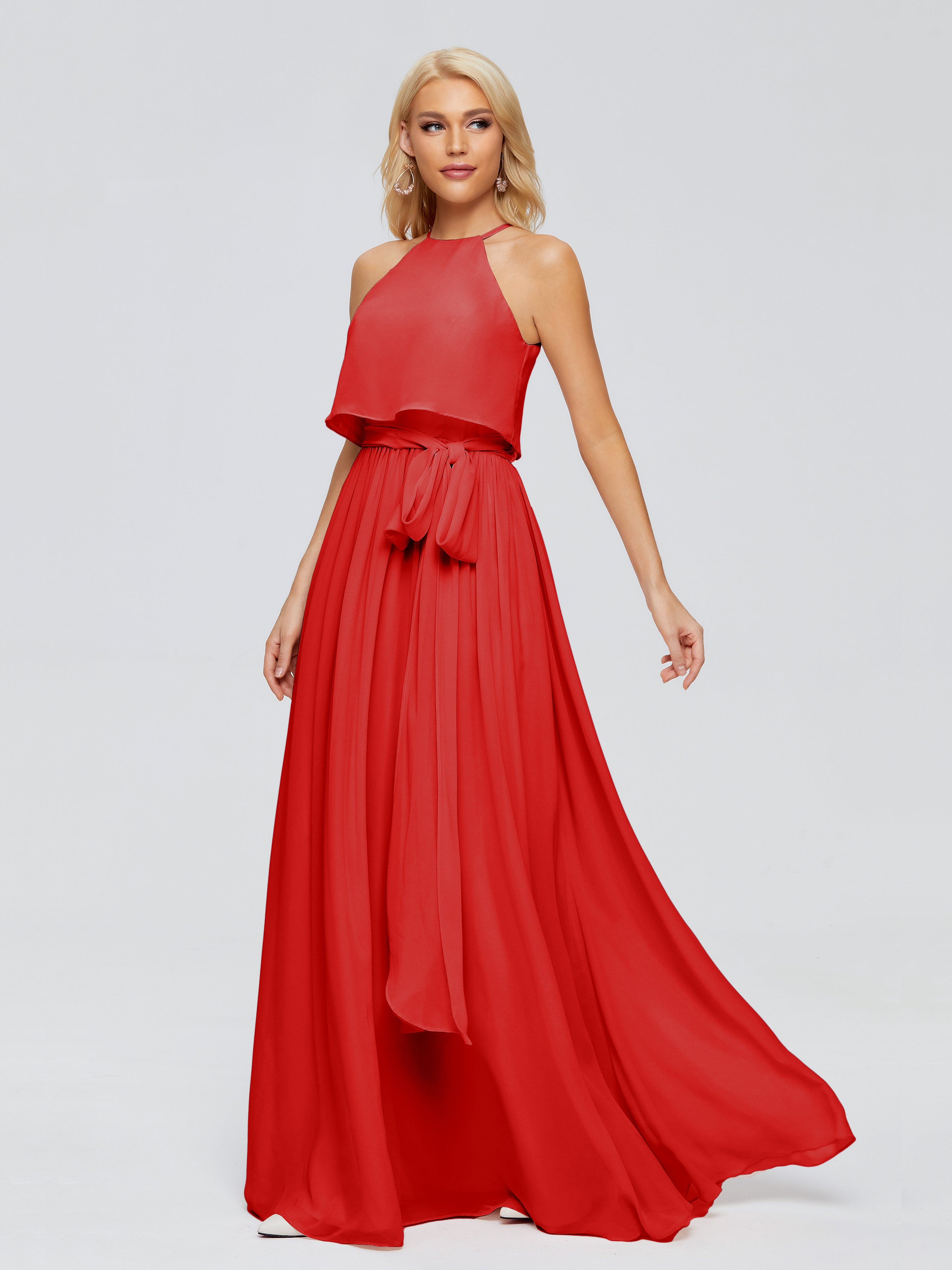 Robes De Demoiselle D'Honneur Rouges Longues Trapèze Licou Mousseline Robes Demoiselle D'Honneur