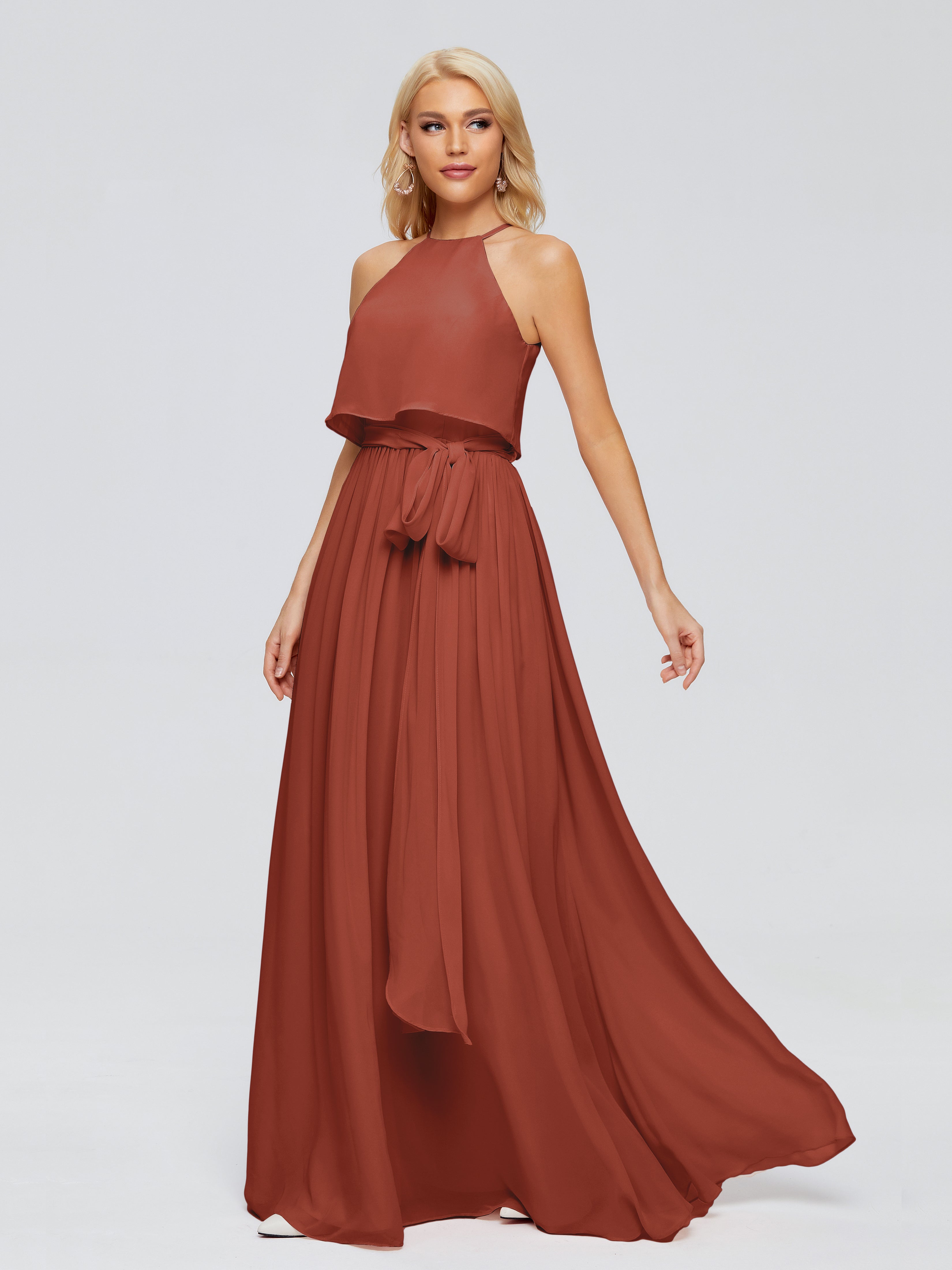 Robe Rouille Demoiselle D Honneur Trapèze Licou Mousseline Robes Demoiselle D'Honneur