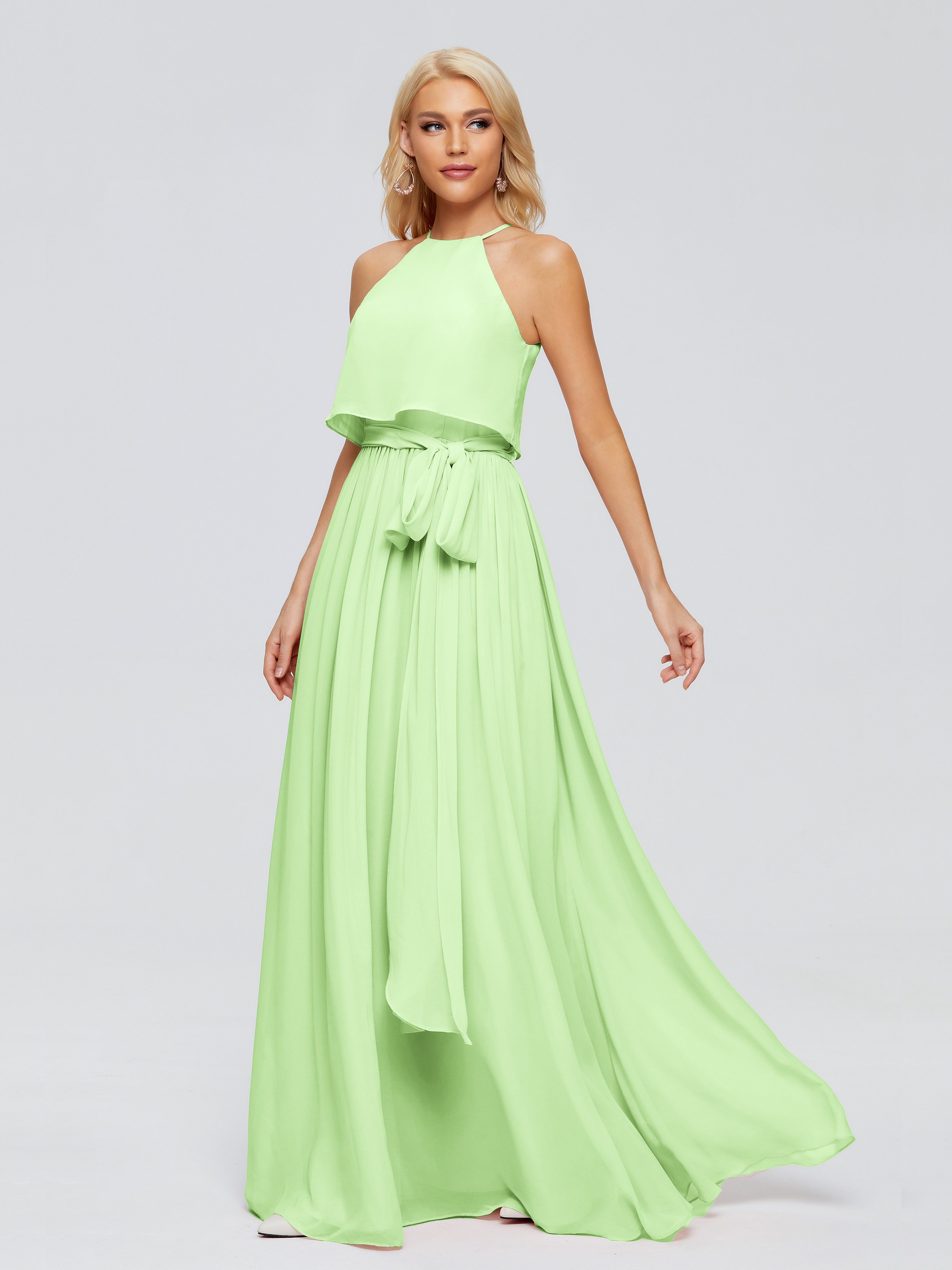 Robe Verte Sauge Demoiselle D Honneur Trapèze Licou Mousseline Robes Demoiselle D'Honneur