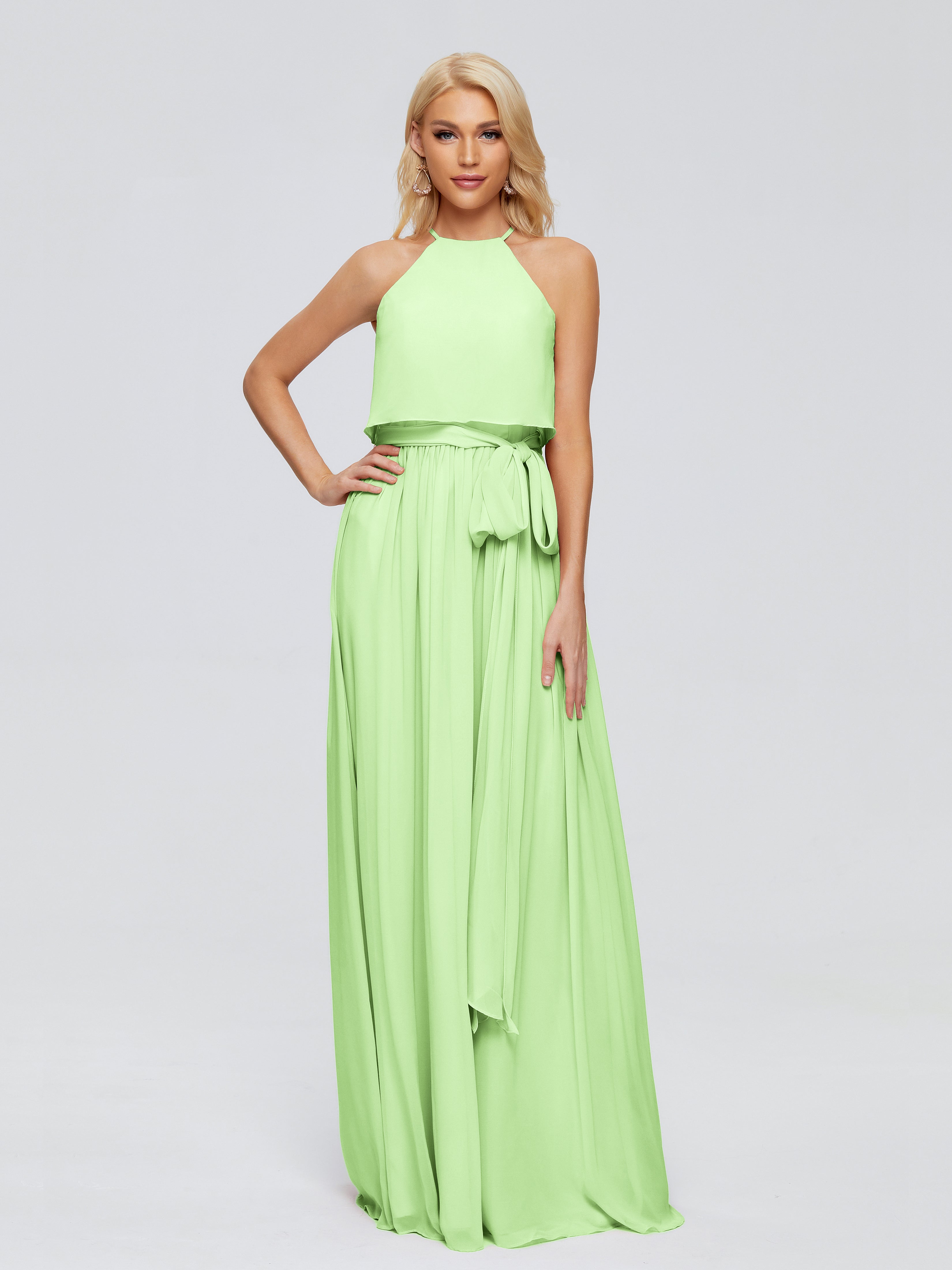 Robe Verte Sauge Demoiselle D Honneur Trapèze Licou Mousseline Robes Demoiselle D'Honneur