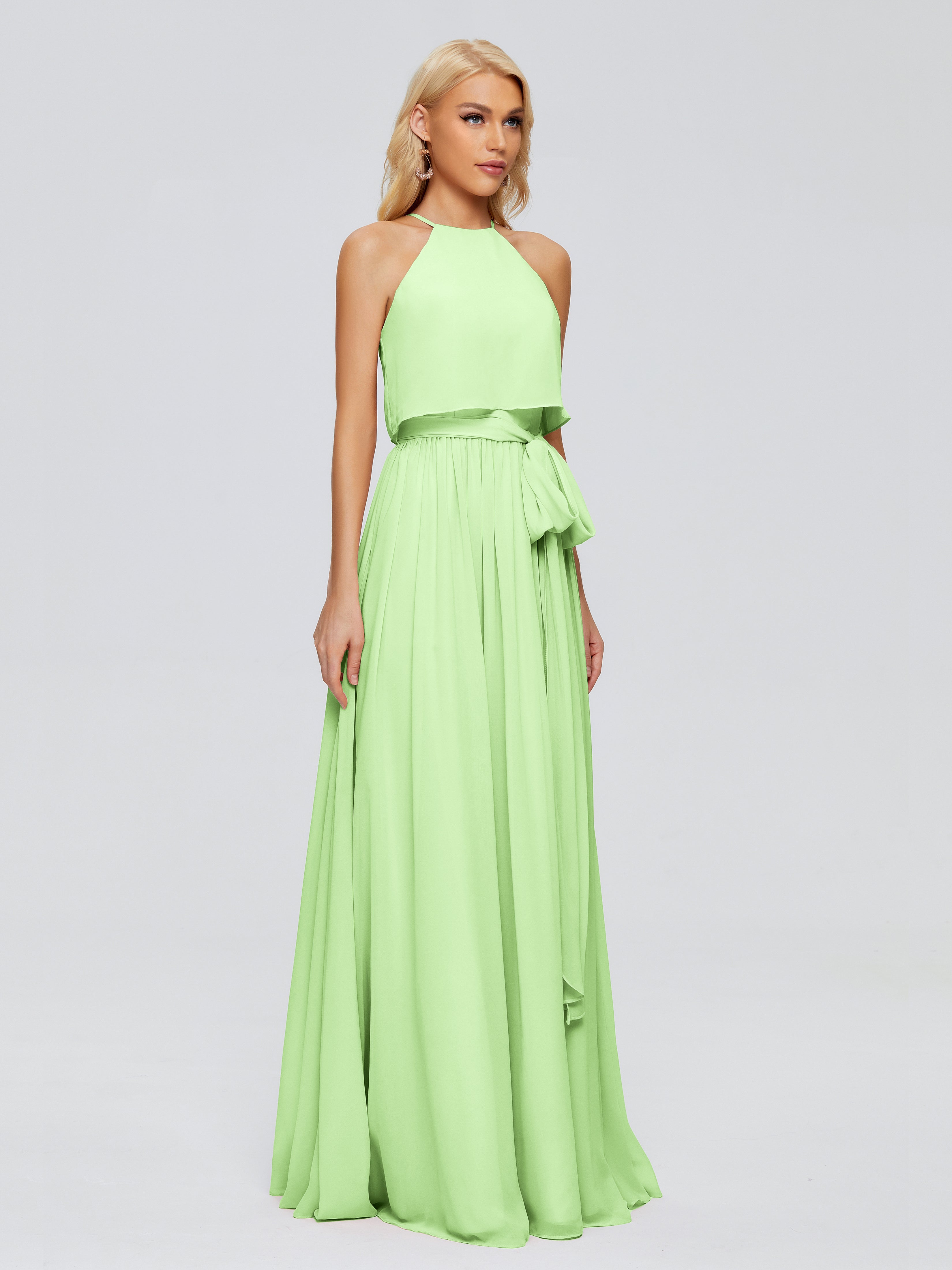 Robe Verte Sauge Demoiselle D Honneur Trapèze Licou Mousseline Robes Demoiselle D'Honneur