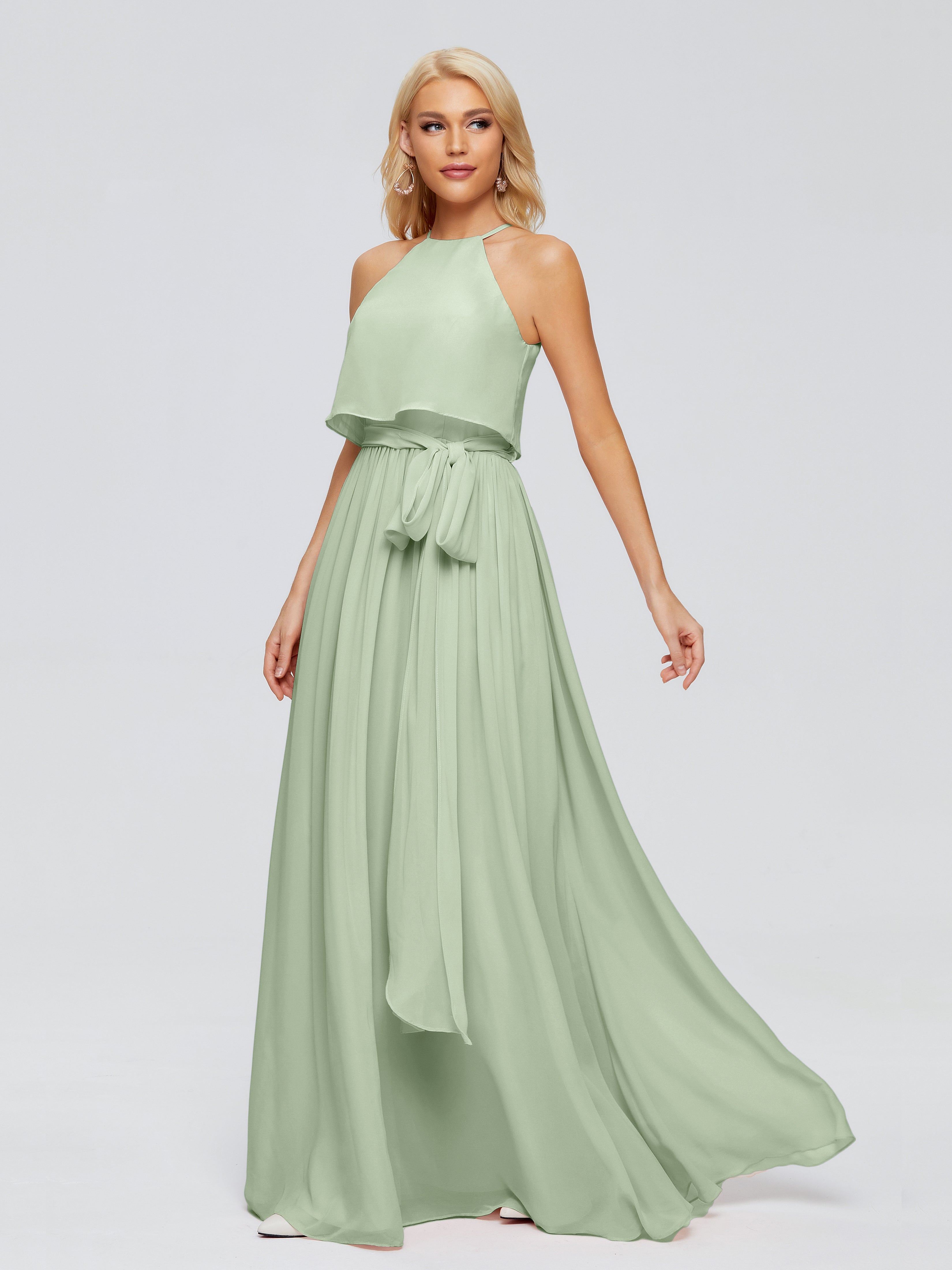 Robe Demoiselle D Honneur Sauge Poudré Trapèze Licou Mousseline Robes Demoiselle D'Honneur