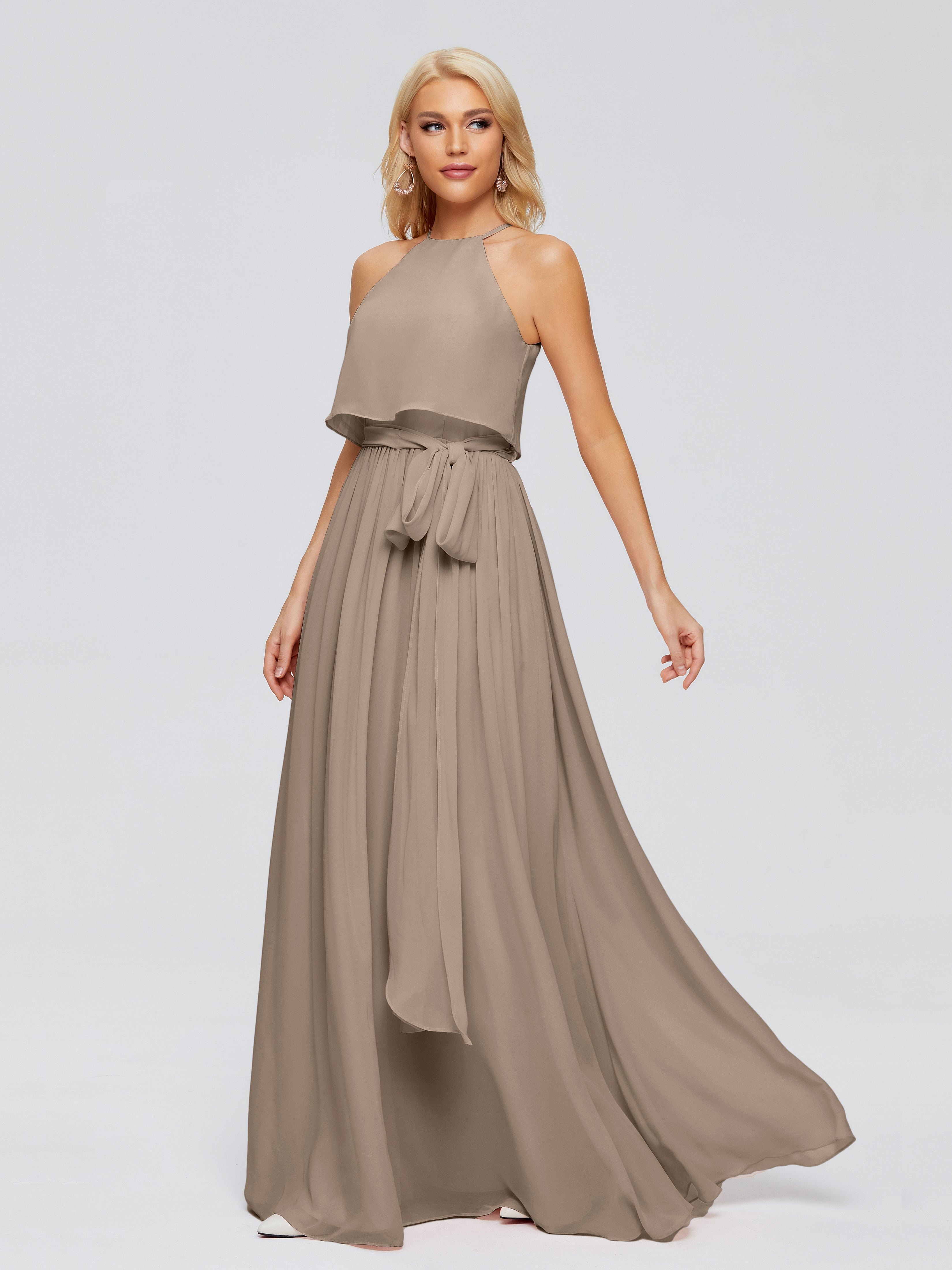 Robe Taupe Demoiselle D Honneur Trapèze Licou Mousseline Robes Demoiselle D'Honneur