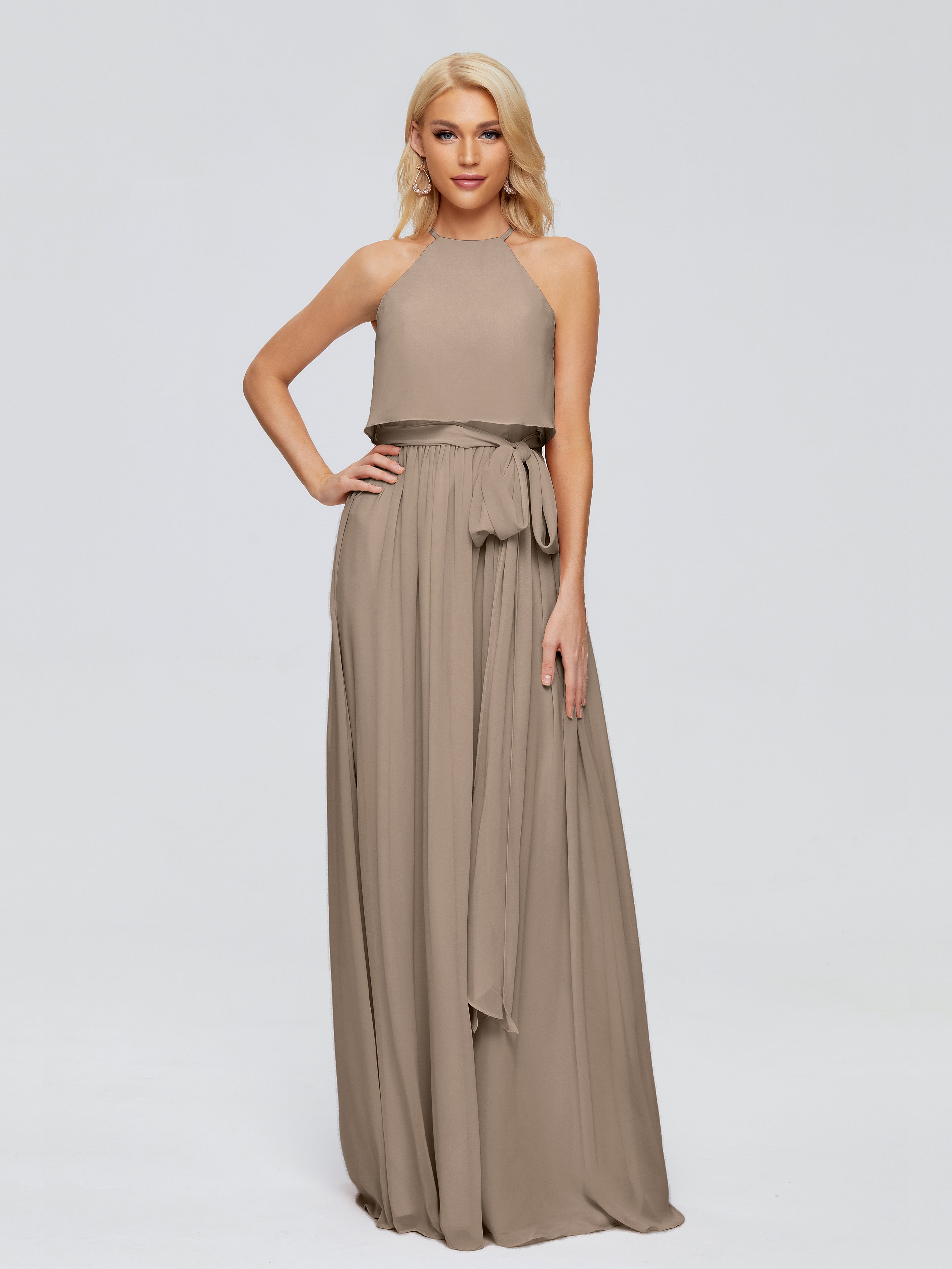 Robe Taupe Demoiselle D Honneur Trapèze Licou Mousseline Robes Demoiselle D'Honneur