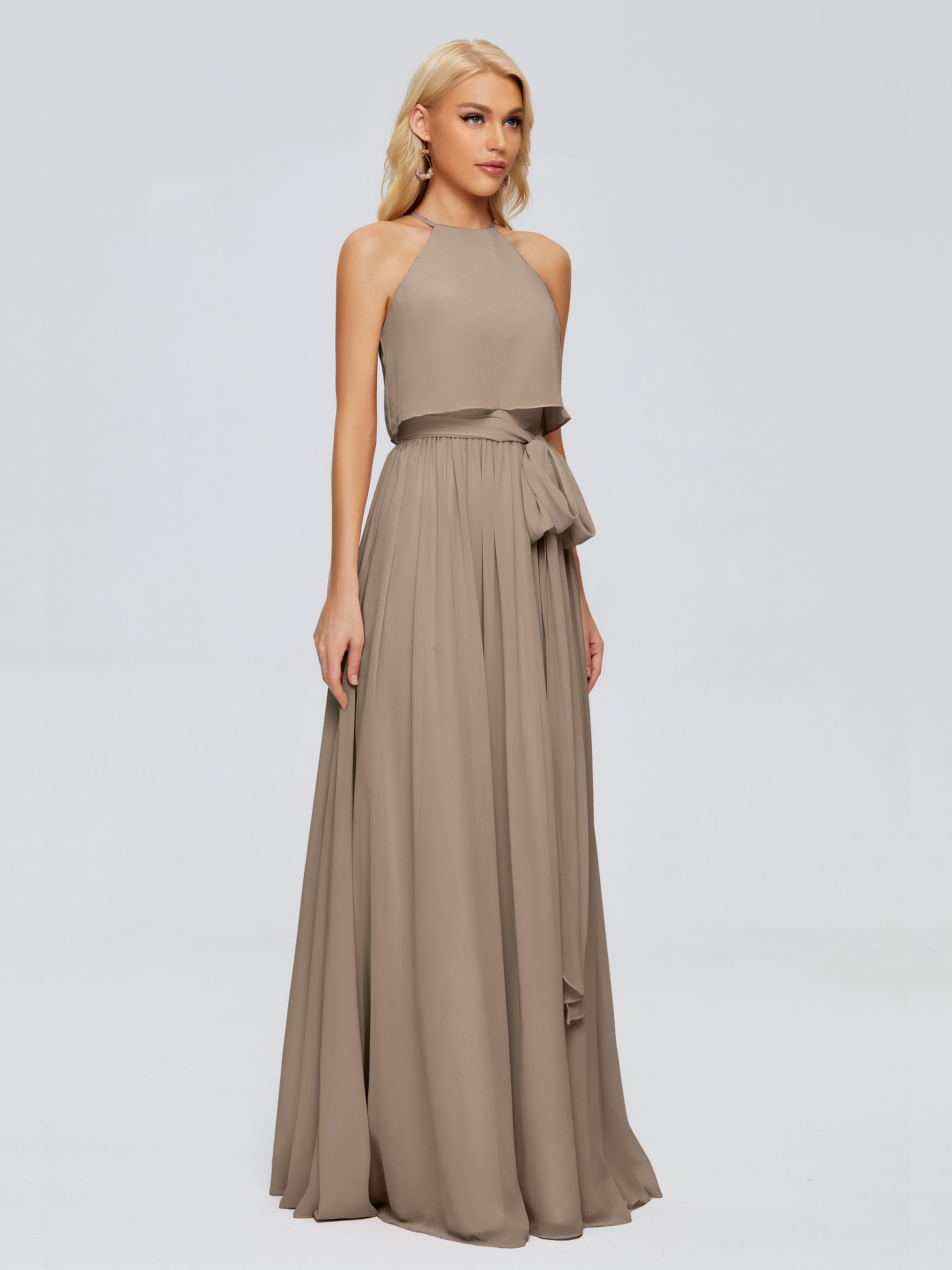 Robe Taupe Demoiselle D Honneur Trapèze Licou Mousseline Robes Demoiselle D'Honneur