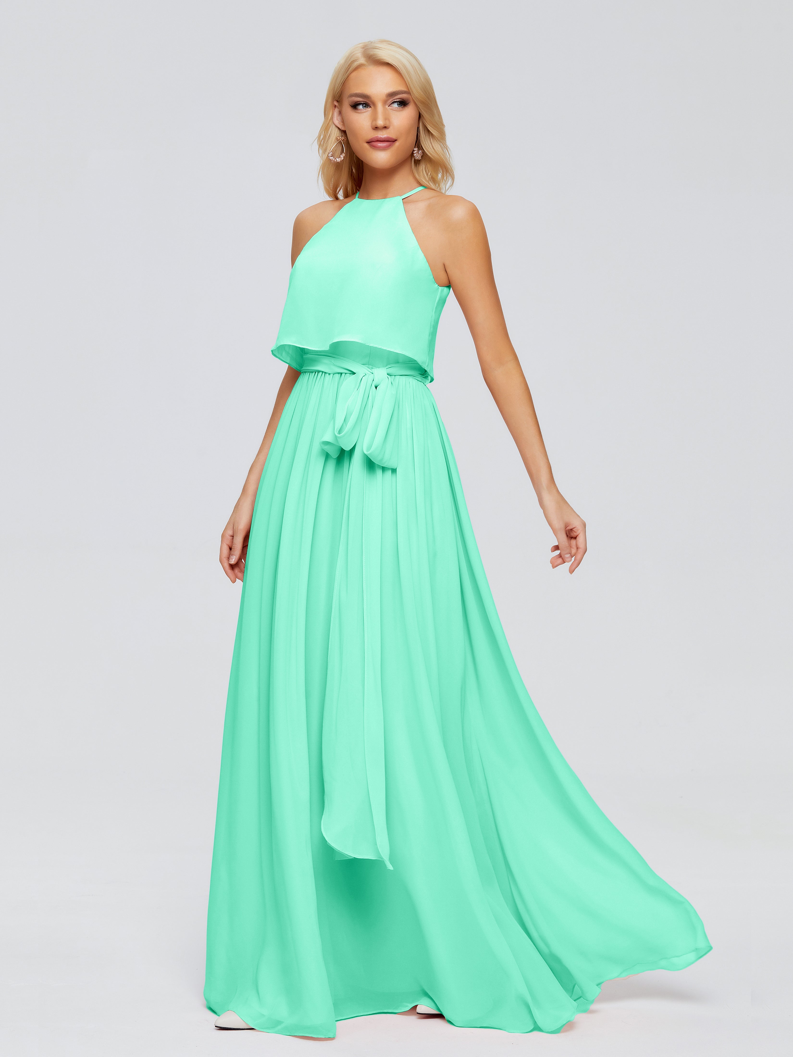 Robe Bleu Turquoise Demoiselle D Honneur Trapèze Licou Mousseline Robes Demoiselle D'Honneur