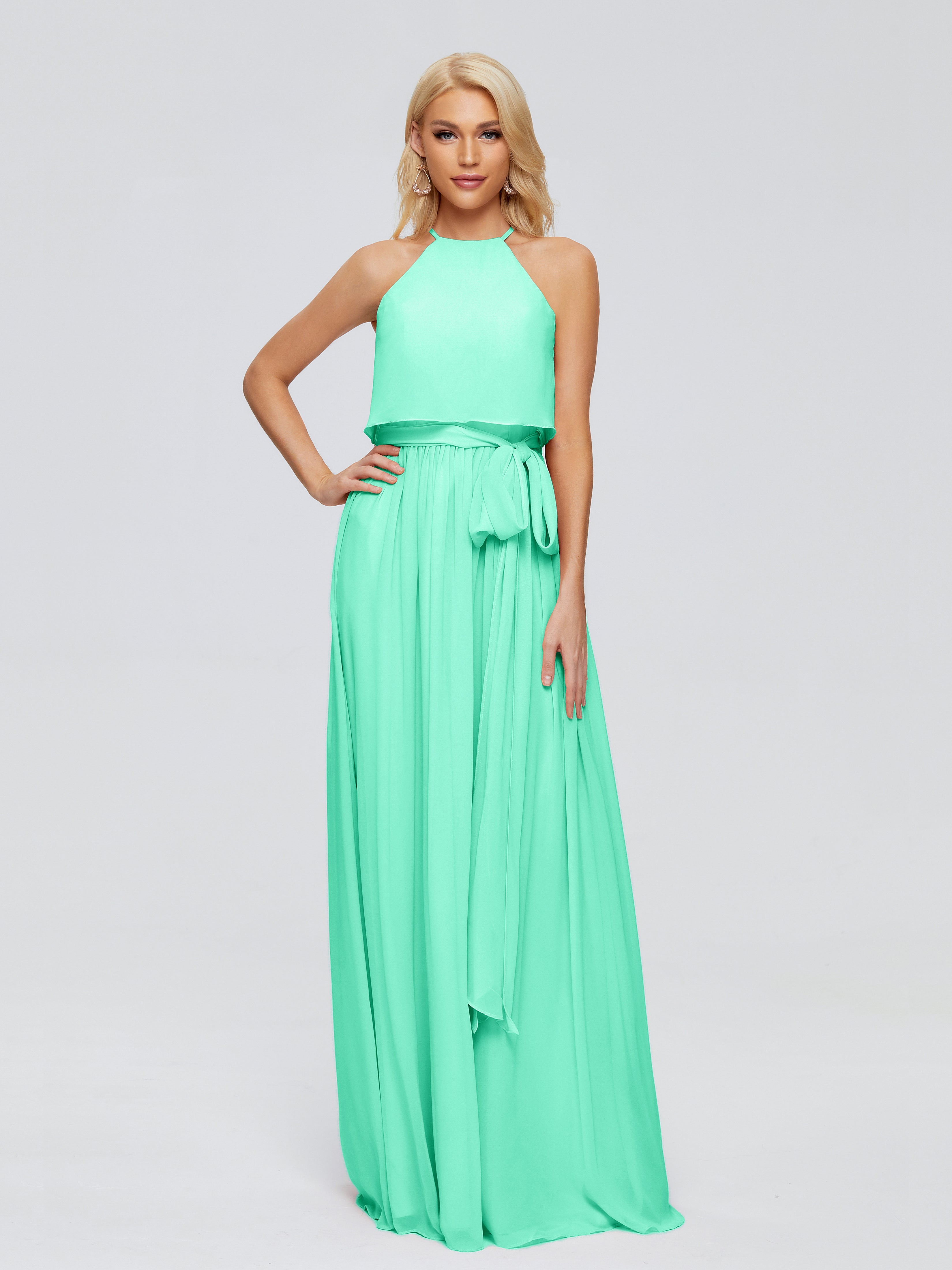 Robe Bleu Turquoise Demoiselle D Honneur Trapèze Licou Mousseline Robes Demoiselle D'Honneur