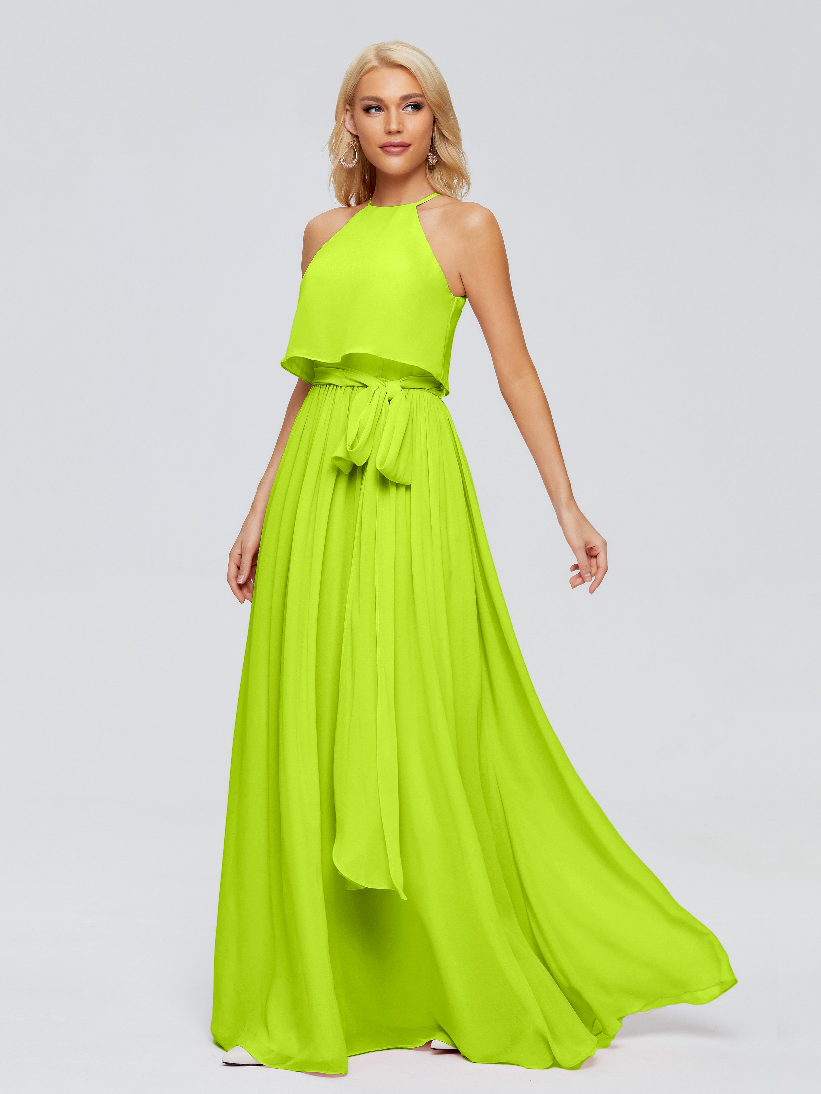 Robes De Demoiselle D'Honneur Vert Citron Trapèze Licou Mousseline Robes Demoiselle D'Honneur