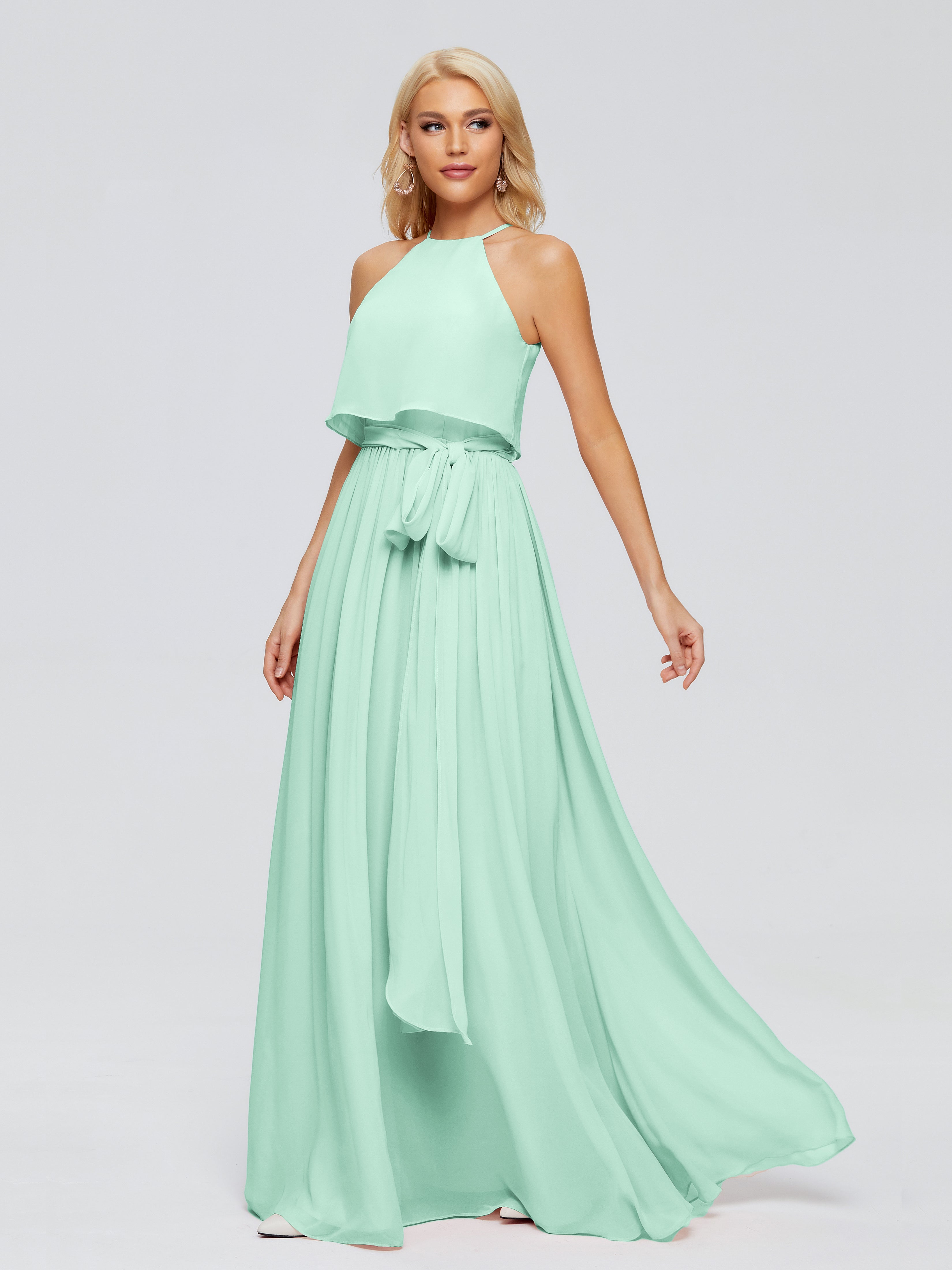 Robes De Demoiselle D'Honneur Vert Menthe Trapèze Licou Mousseline Robes Demoiselle D'Honneur