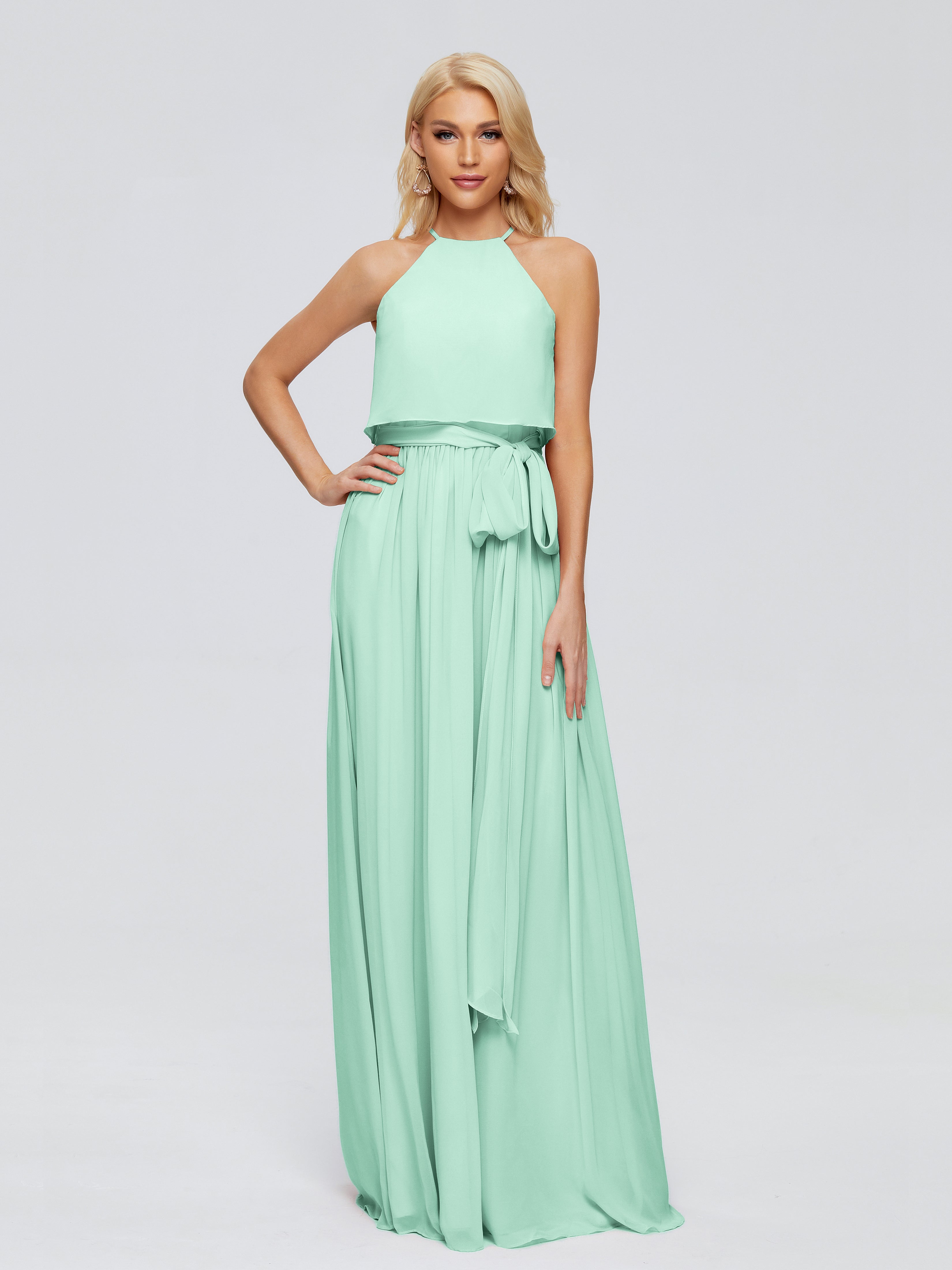 Robes De Demoiselle D'Honneur Vert Menthe Trapèze Licou Mousseline Robes Demoiselle D'Honneur