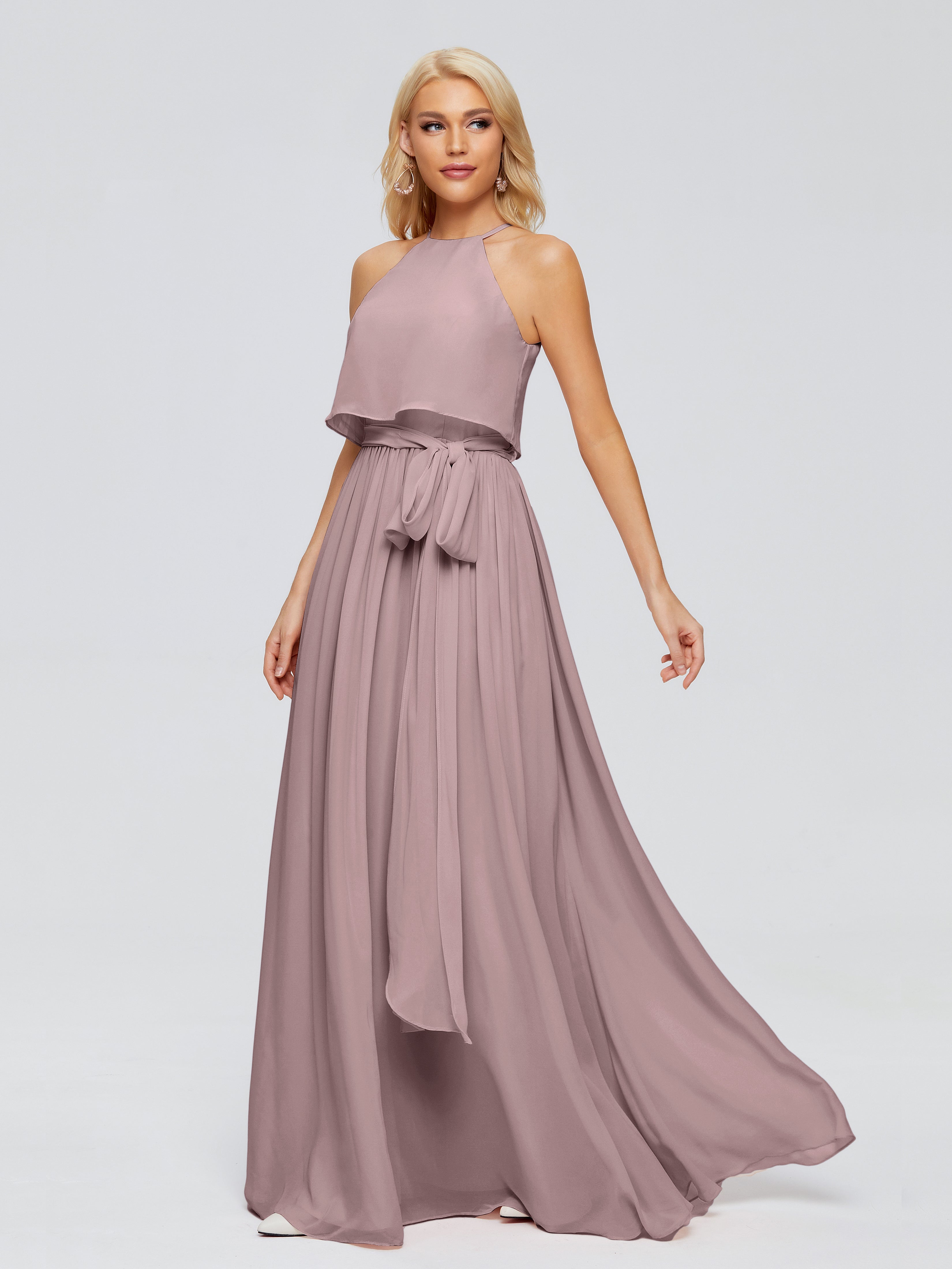 Robes De Demoiselle D'Honneur Vintage Mauve Trapèze Licou Mousseline Robes Demoiselle D'Honneur