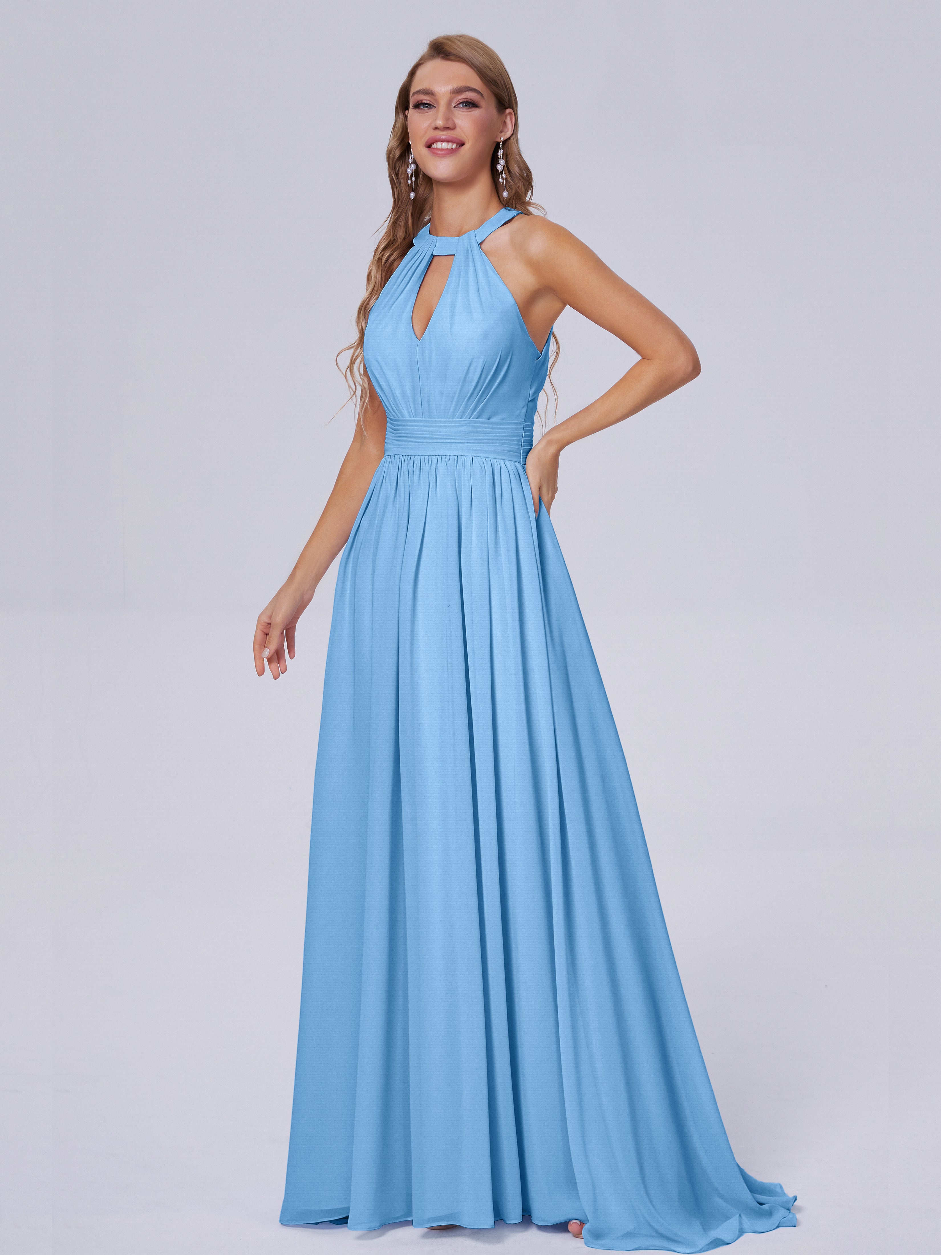 Robes De Demoiselle D'Honneur Bleues Longues Balayage Traîne Mousseline Robes Demoiselle D'Honneur