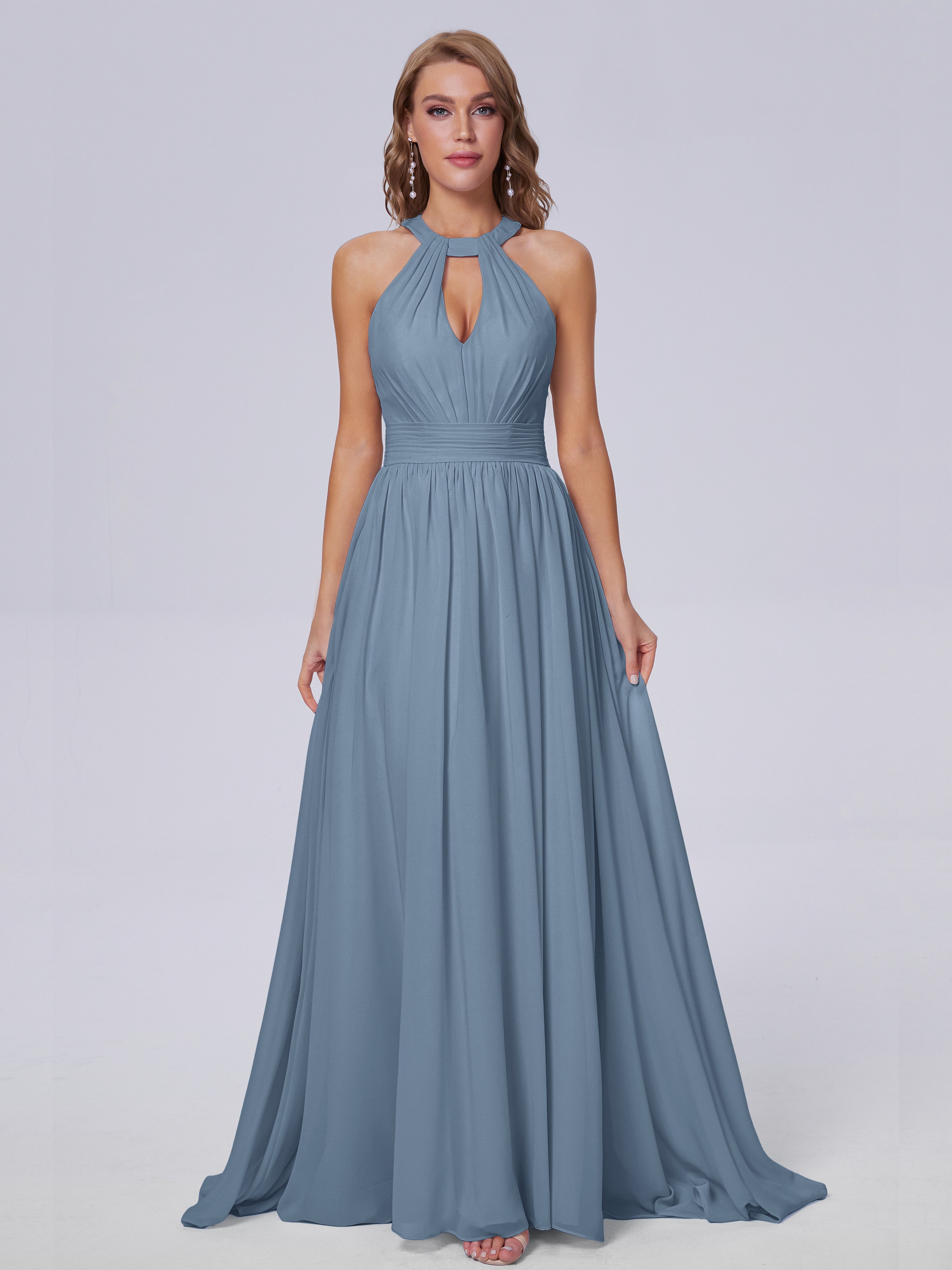 Robes De Demoiselle D'Honneur Bleu De Schiste Balayage Traîne Mousseline Robes Demoiselle D'Honneur
