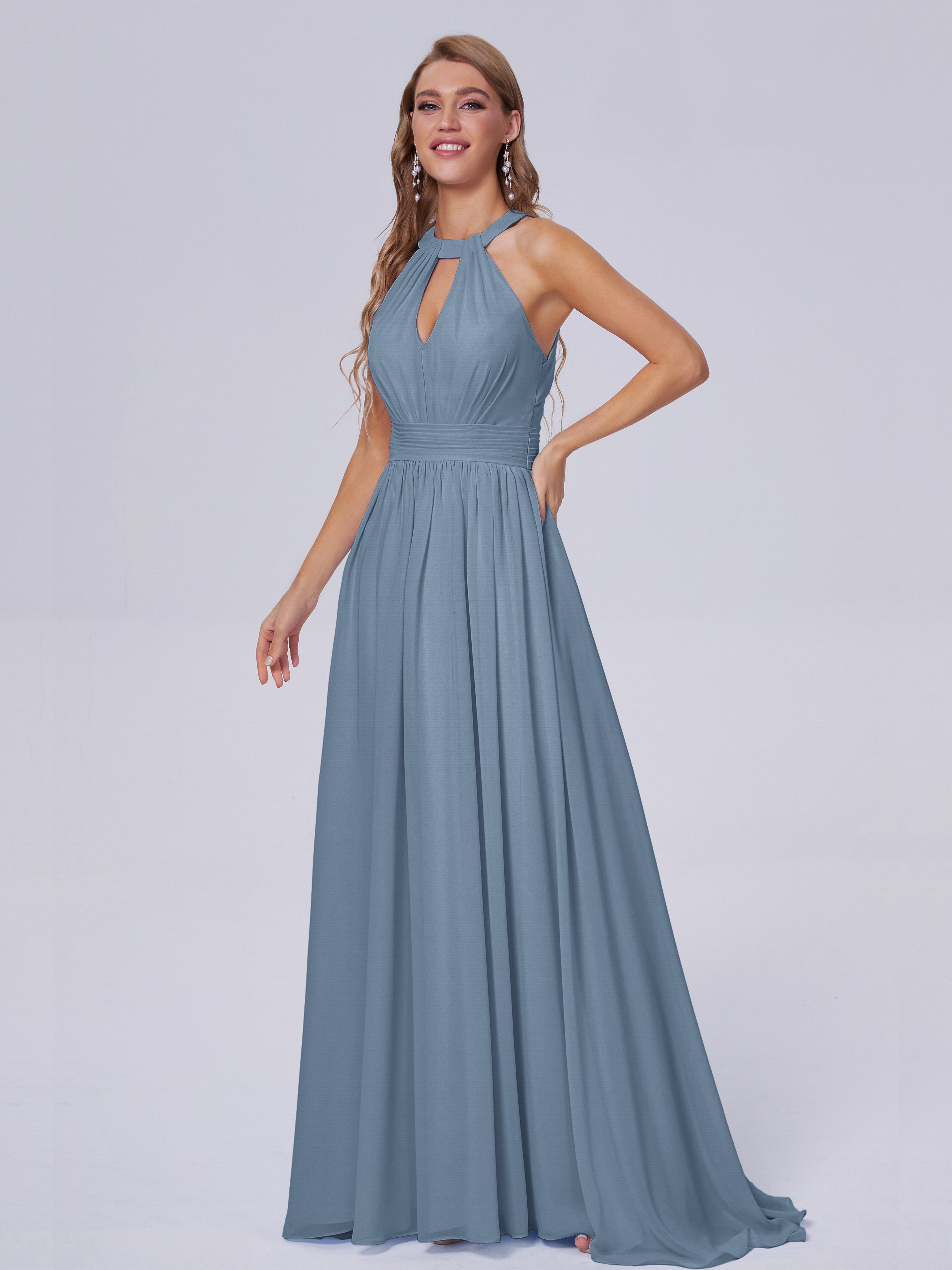 Robes De Demoiselle D'Honneur Bleu De Schiste Balayage Traîne Mousseline Robes Demoiselle D'Honneur